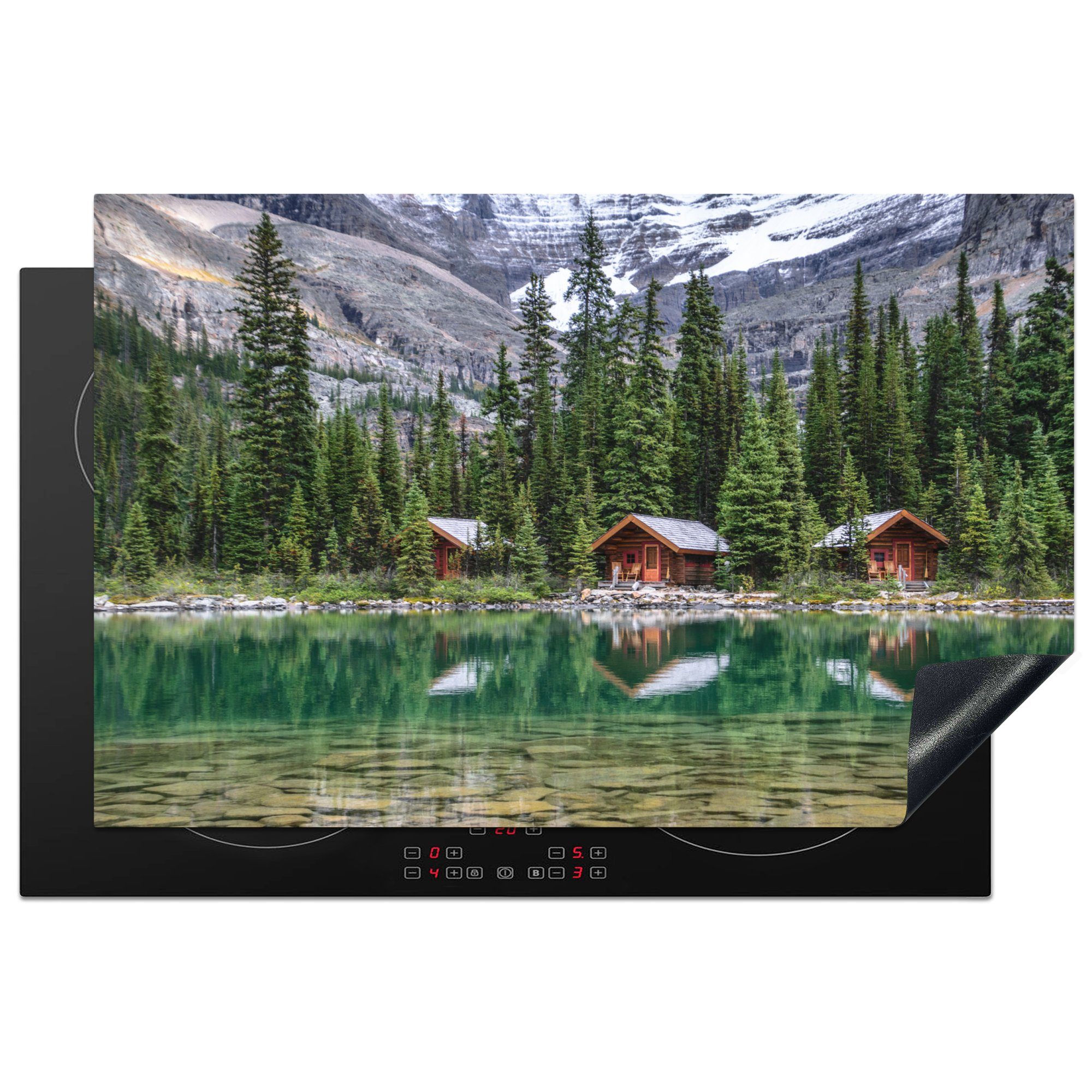 MuchoWow Herdblende-/Abdeckplatte Holzhütten am Lake O'Hara im Yoho-Nationalpark, Kanada, Vinyl, (1 tlg), 81x52 cm, Induktionskochfeld Schutz für die küche, Ceranfeldabdeckung