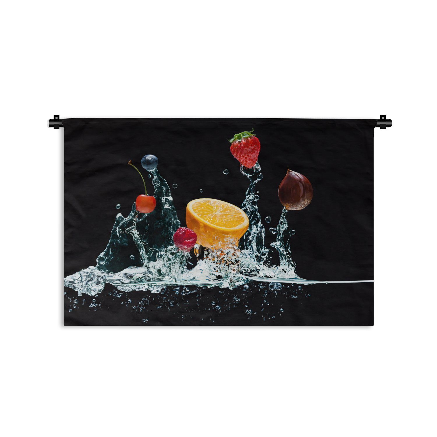 MuchoWow Wanddekoobjekt Wasser - Obst - Orange - Erdbeere - Kirsche - Schwarz, Wanddeko für Wohnzimmer, Schlafzimmer, Kleid, Wandbehang, Kinderzimmer