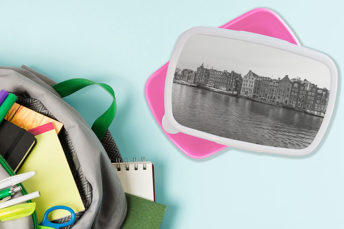 Snackbox, für Kunststoff Amsterdamer Kunststoff, Grachtenhäuser rosa Brotbox weiß, MuchoWow - Erwachsene, Mädchen, Lunchbox Brotdose (2-tlg), Schwarz und Kinder,