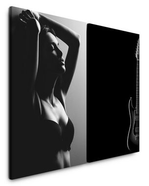 Sinus Art Leinwandbild 2 Bilder je 60x90cm Junge Frau Model Akt Sinnlich E-Gitarre Schwarz Weiß Genuss
