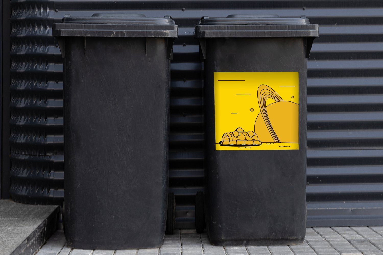 MuchoWow Wandsticker Planet - Gelb Mülltonne, Abfalbehälter (1 - Sticker, Container, Illustration Mülleimer-aufkleber, St)