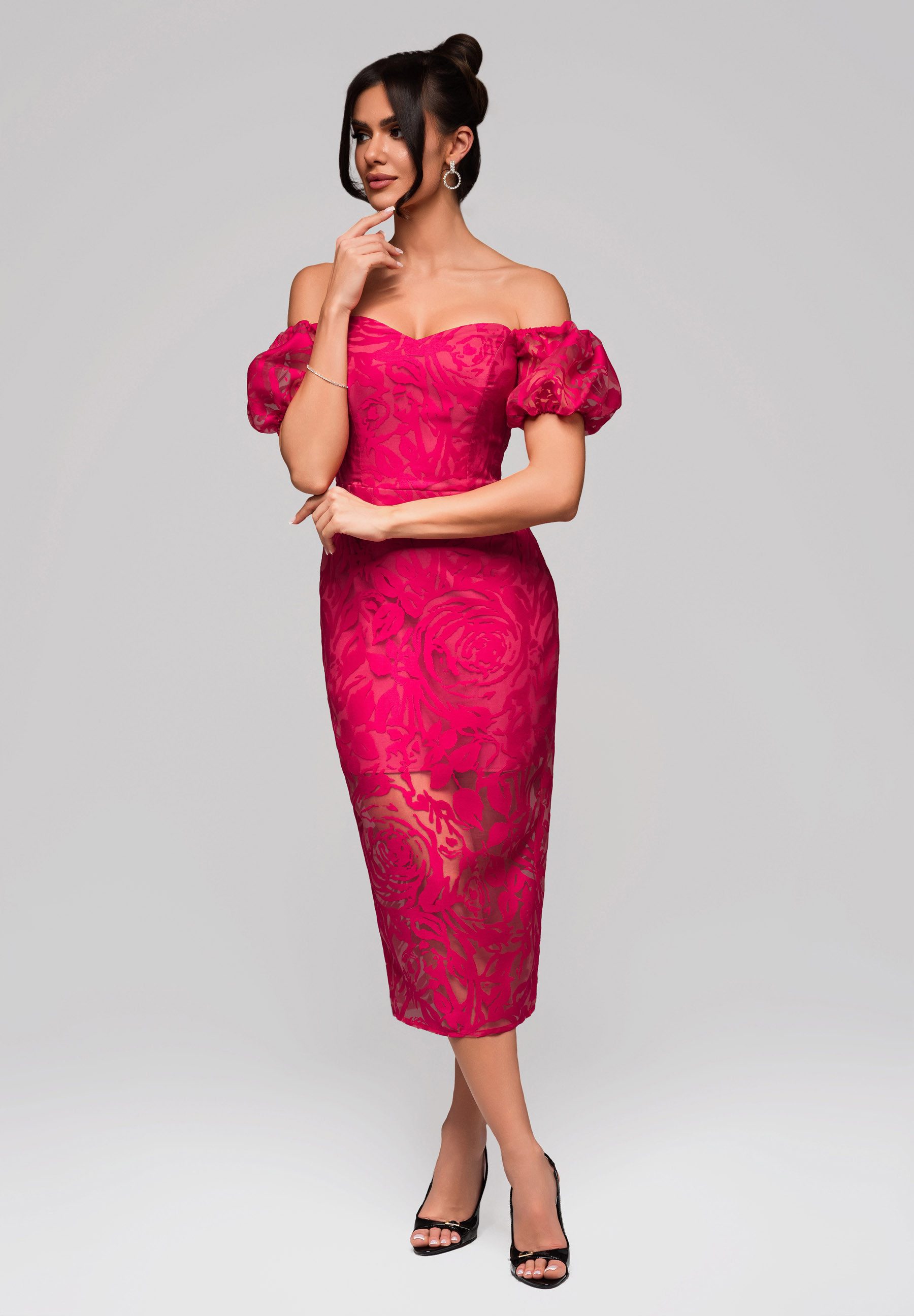 OMBRE Abendkleid Schulterfreies Midikleid mit floraler Spitze – Bild 4 von 5