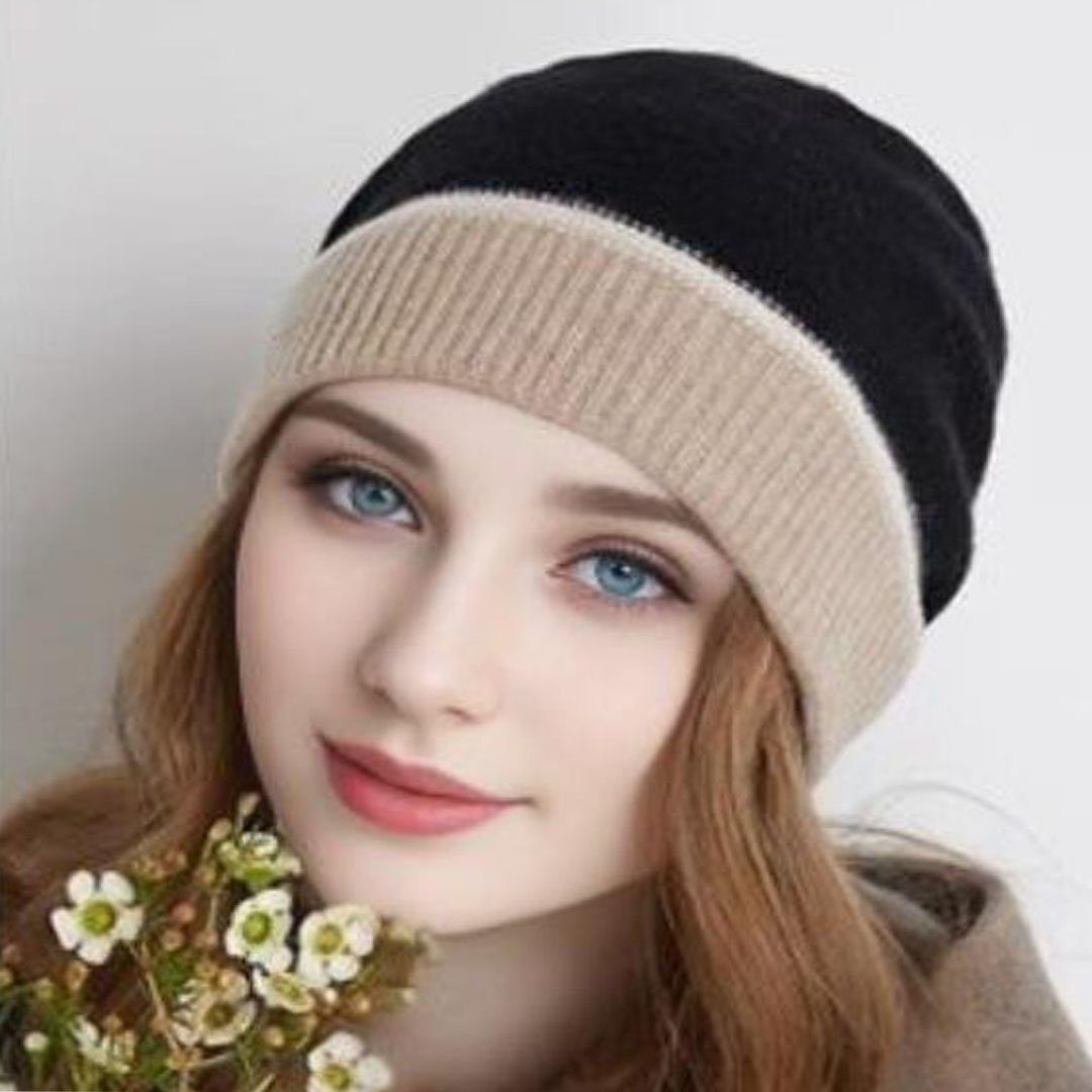 in warmer Strickmütze Strickmütze Beige Winterstrickmütze Wolle AUKUU und (Kontrastfarbe) Herbst- aus