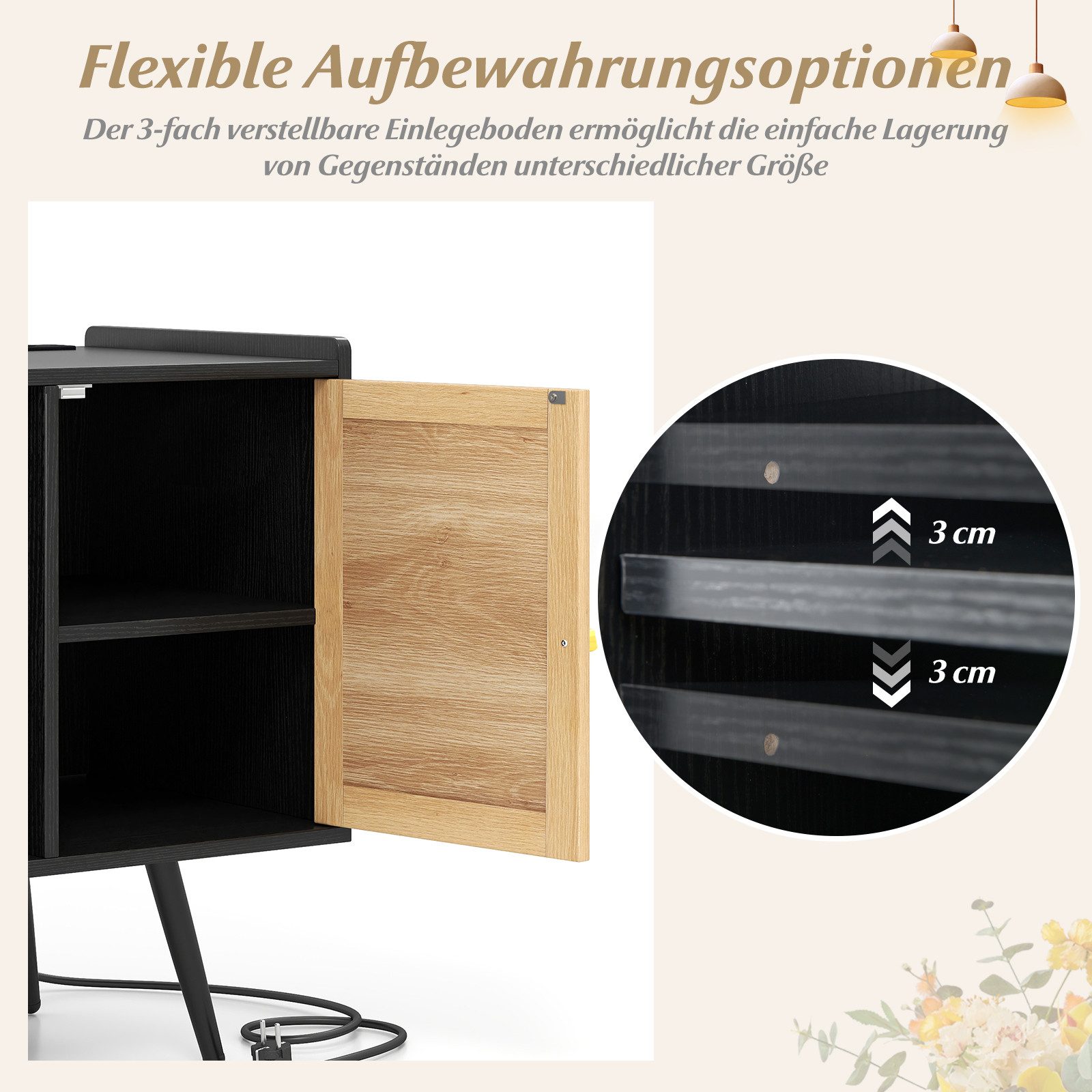 COSTWAY Sideboard, Plattenspieler-Ständer mit Ladestation 80x40x65cm