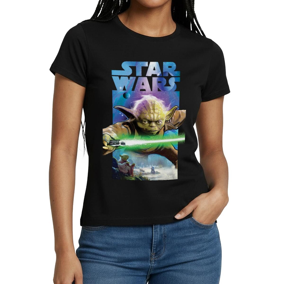 Spreadshirt T-Shirt Star Wars Meister Yoda Und Grünes Lichtschwert Frauen T-Shirt (1-tlg)