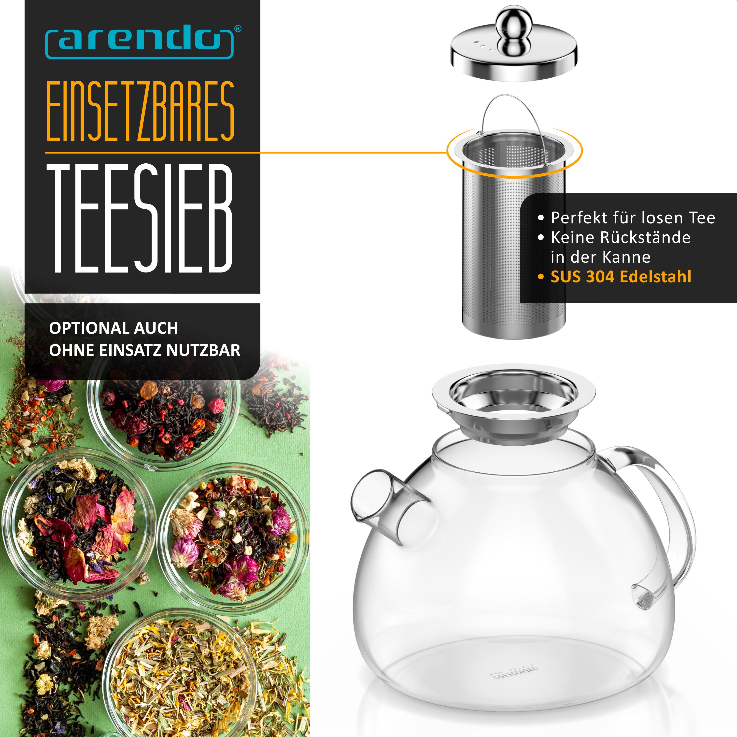 Arendo Teekanne Teebereiter für losen Tee, Kräuter & Früchtetee ideal für Kaltaufgüsse, 1,5 l, (Set, Glas Kanne, Teesieb), Borosilikatglas, hitzebeständig, inkl. feinmaschigem Edelstahlsieb