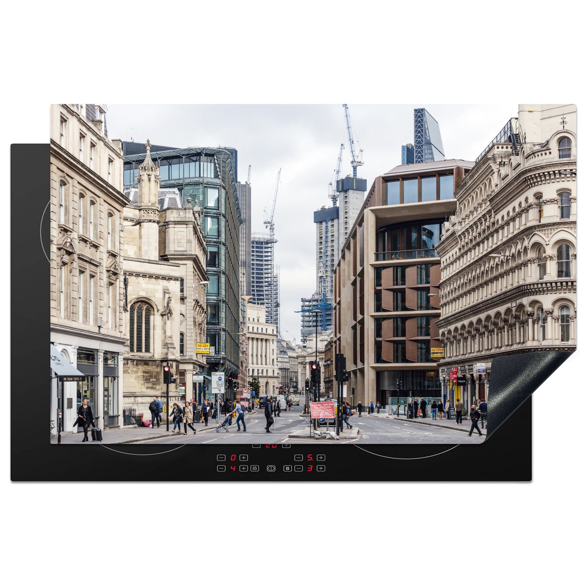 MuchoWow Herdblende-/Abdeckplatte Finanzviertel in London mit Kränen auf Wolkenkratzern, Groß-London, UK, Vinyl, (1 tlg), 81x52 cm, Induktionskochfeld Schutz für die küche, Ceranfeldabdeckung