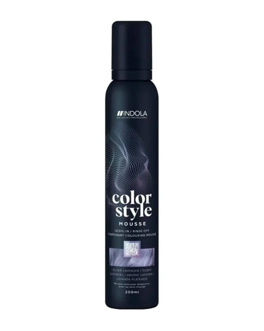 Indola Haarfestiger INDOLA Color Style Mouse Farb-Schaumfestiger Silber Lavendel 200 ml, Packung, das Mousse bietet Glanz, Pflege und flexible Farbveränderung