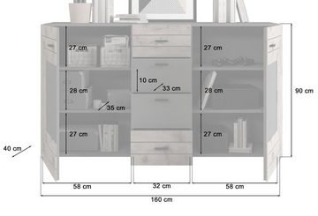 Sideboard Freno (Kommode grau und Nox Eiche, BxH ca. 160 /x 90 cm), 4 Schubladen, 6 Fächer