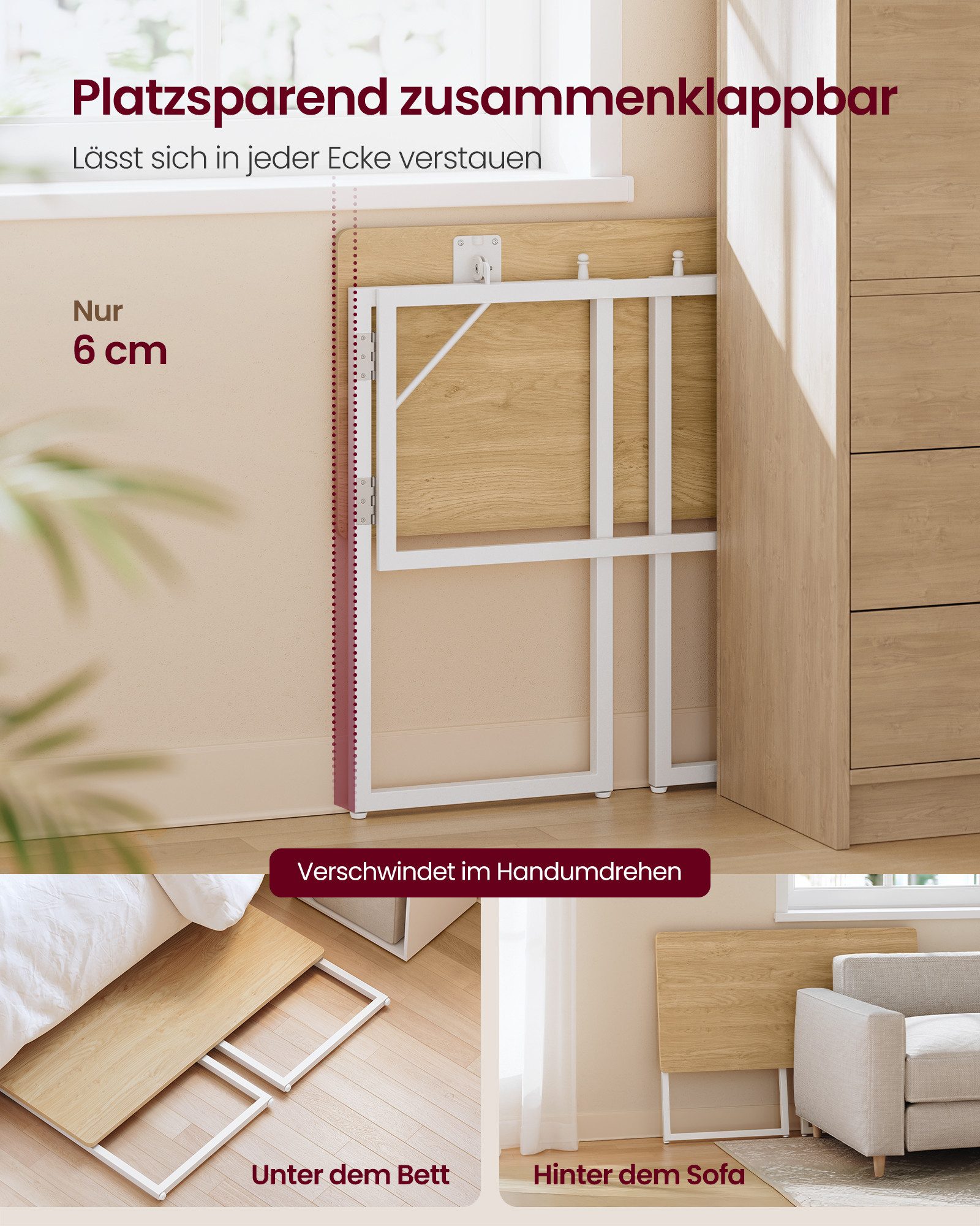 VASAGLE Schreibtisch Klapptisch, kleiner Schreibtisch klappbar, Computertisch, Tischplatte aus einem Stück, abgerundete Ecken, Tisch