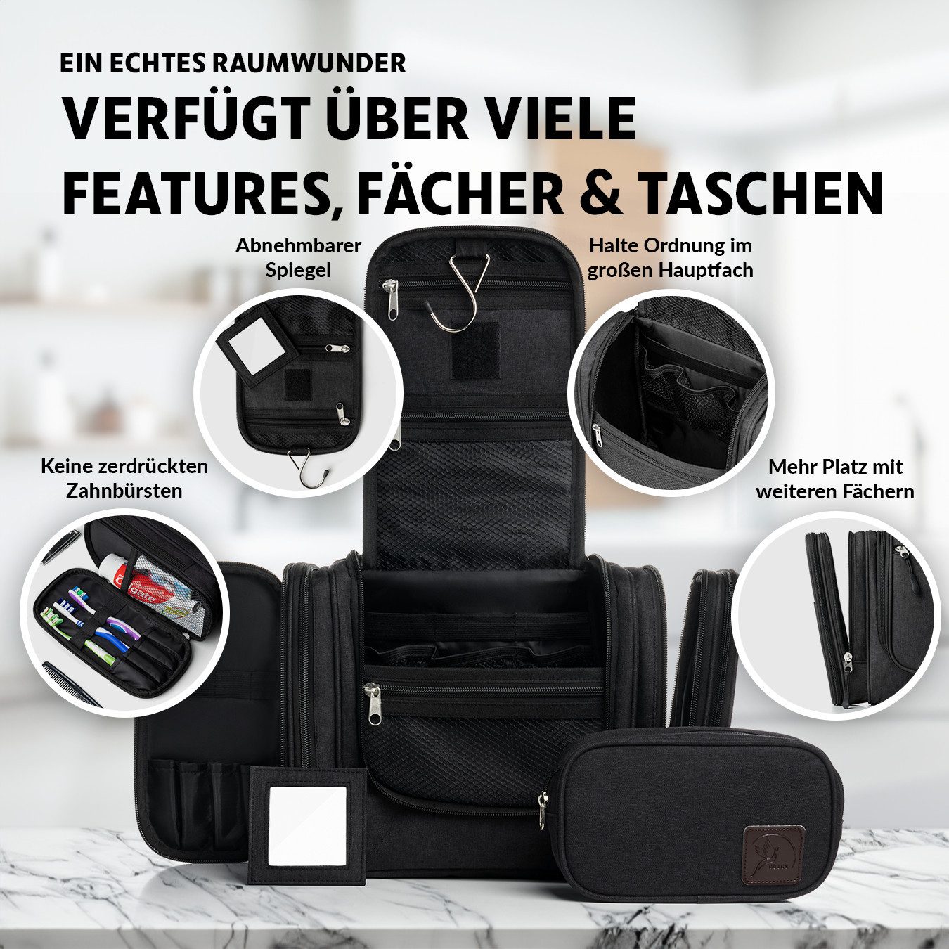 Obics Kulturbeutel XXL 8 Liter (Set, 2 Teilig), zum Aufhängen - Kosmetiktasche für Damen & Herren 10 Fächer