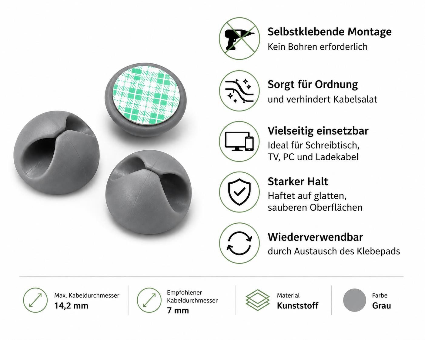 BAYLI Kabelbinder 20x Kabelklemmen Selbstklebend Grau Kabelhalter Kabelclips Kabelführun – Bild 2 von 5