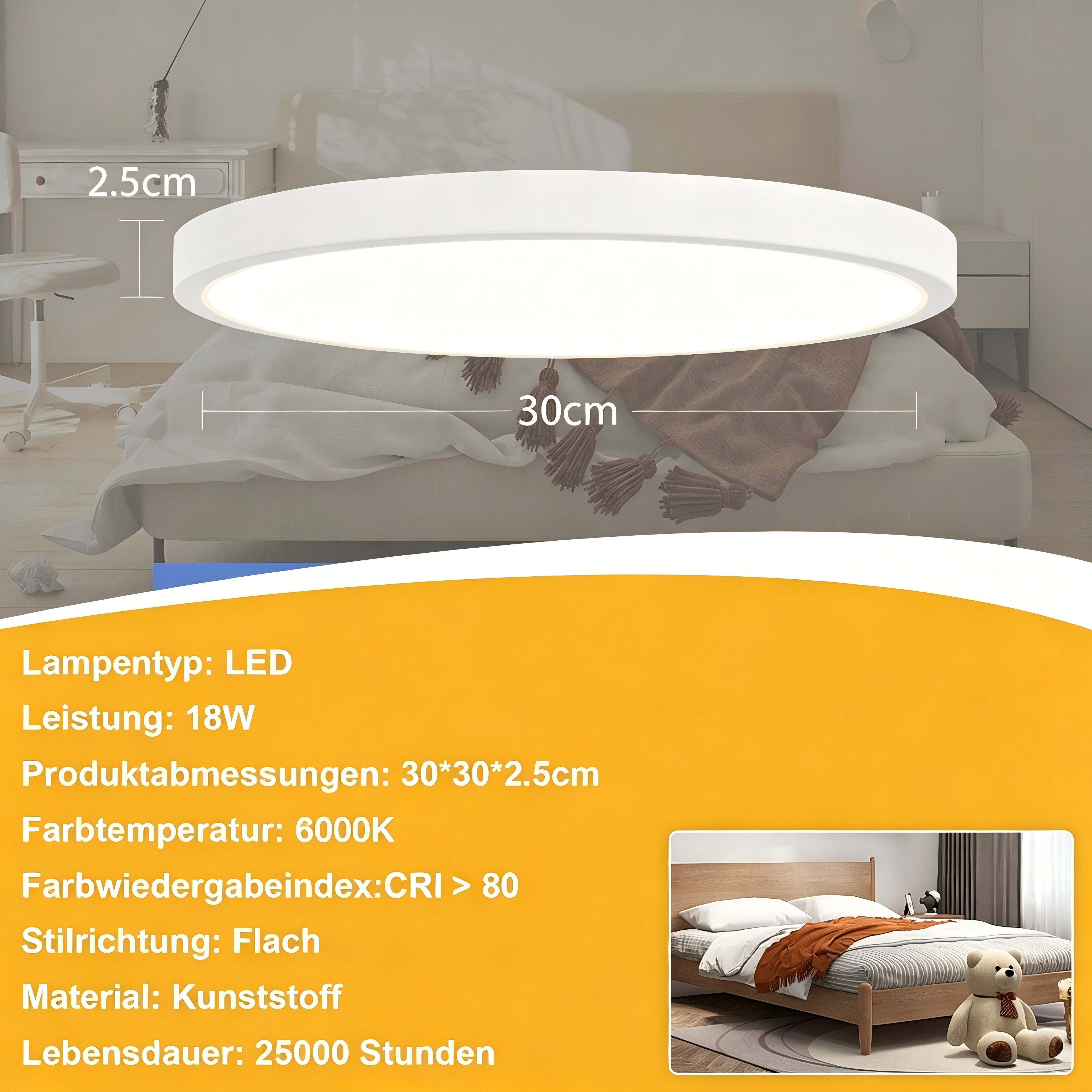 ZMH LED Deckenleuchte flach rund 18–30cm schwarz weiß Küchenlampe hell augenschonend, Augenshutz, LED fest integriert, 6000K, Modern Flurlampe – Bild 2 von 5