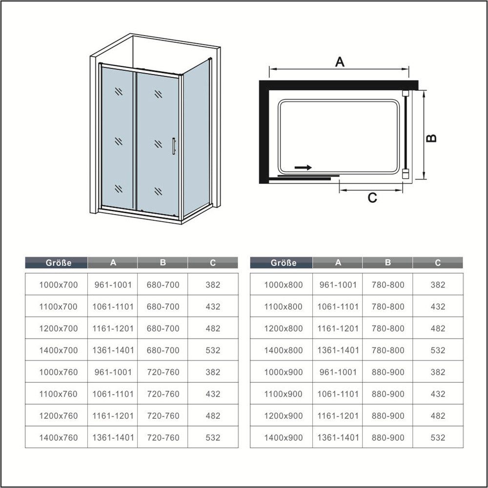 AICA Dusch-Einflügeltür 5mm ESG Sicherheitsglas Schiebetür Duschkabine mit Seitenwand*2, 100x200 cm, (Set) Glas