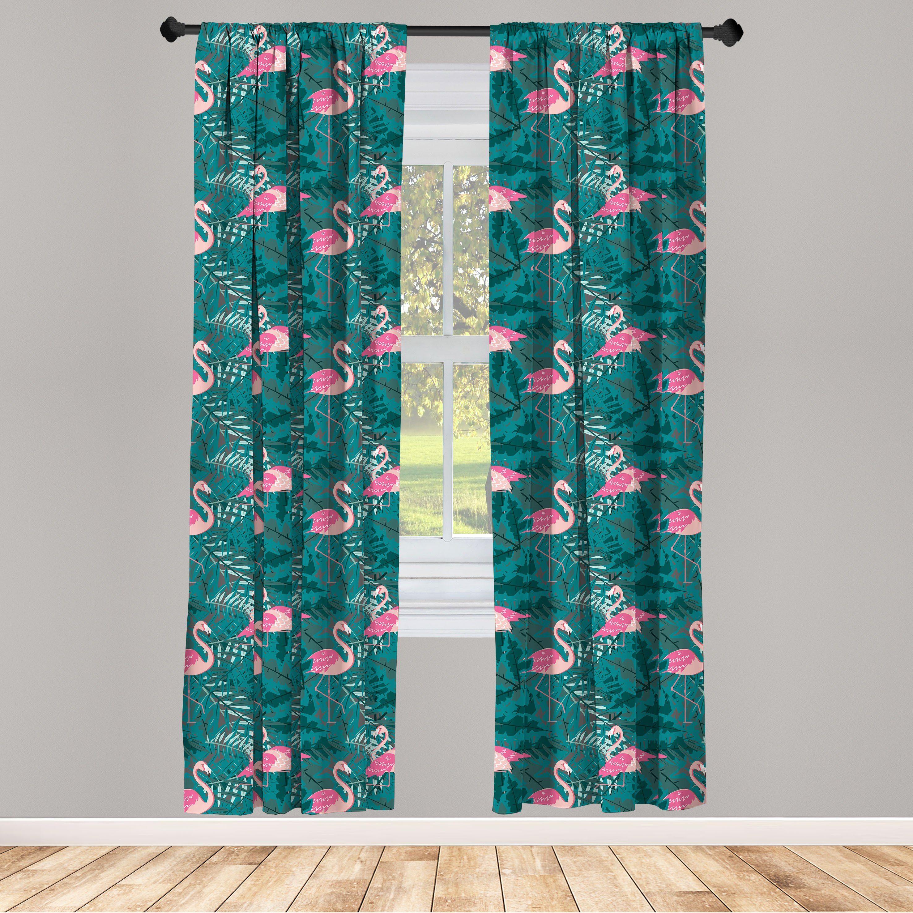 Gardine Vorhang für Wohnzimmer Schlafzimmer Dekor, Abakuhaus, Microfaser, Flamingo Tropic Vögel auf Blätter
