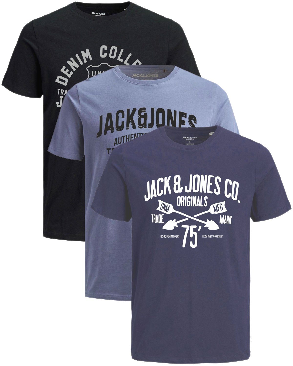 Jack & Jones Print-Shirt Bequemes Slimfit Shirt (Spar-Set, 3er-Pack) bedrucktes Oberteil aus Baumwolle, Größe L