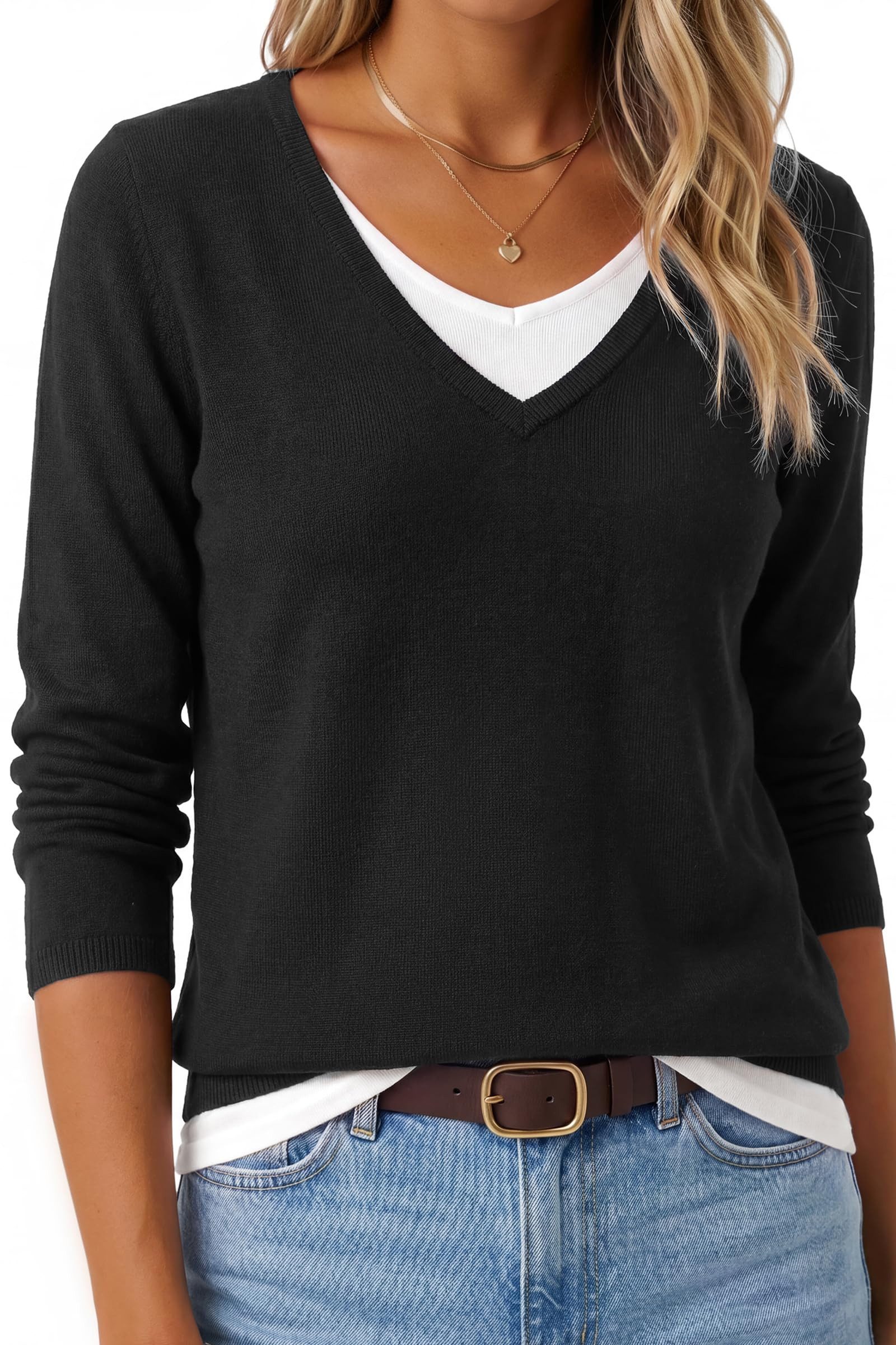 Arach&Cloz Strickpullover Damen Strickpullover Lagenlook V-Ausschnitt pillresistenter Pullover Patchwork, pillresistent, 2-in-1 Layerlook, atmungsaktiv, weich