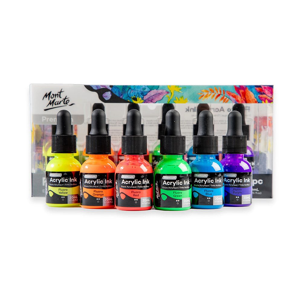 Mont Marte Acrylfarbe Acryl Tinte - Acryl Color Ink, 6 / 12 / Neon x 20 ml,leuchtende Farben, wasserfest nach dem Trocknen, vielseitig einsetzbar für feine Details