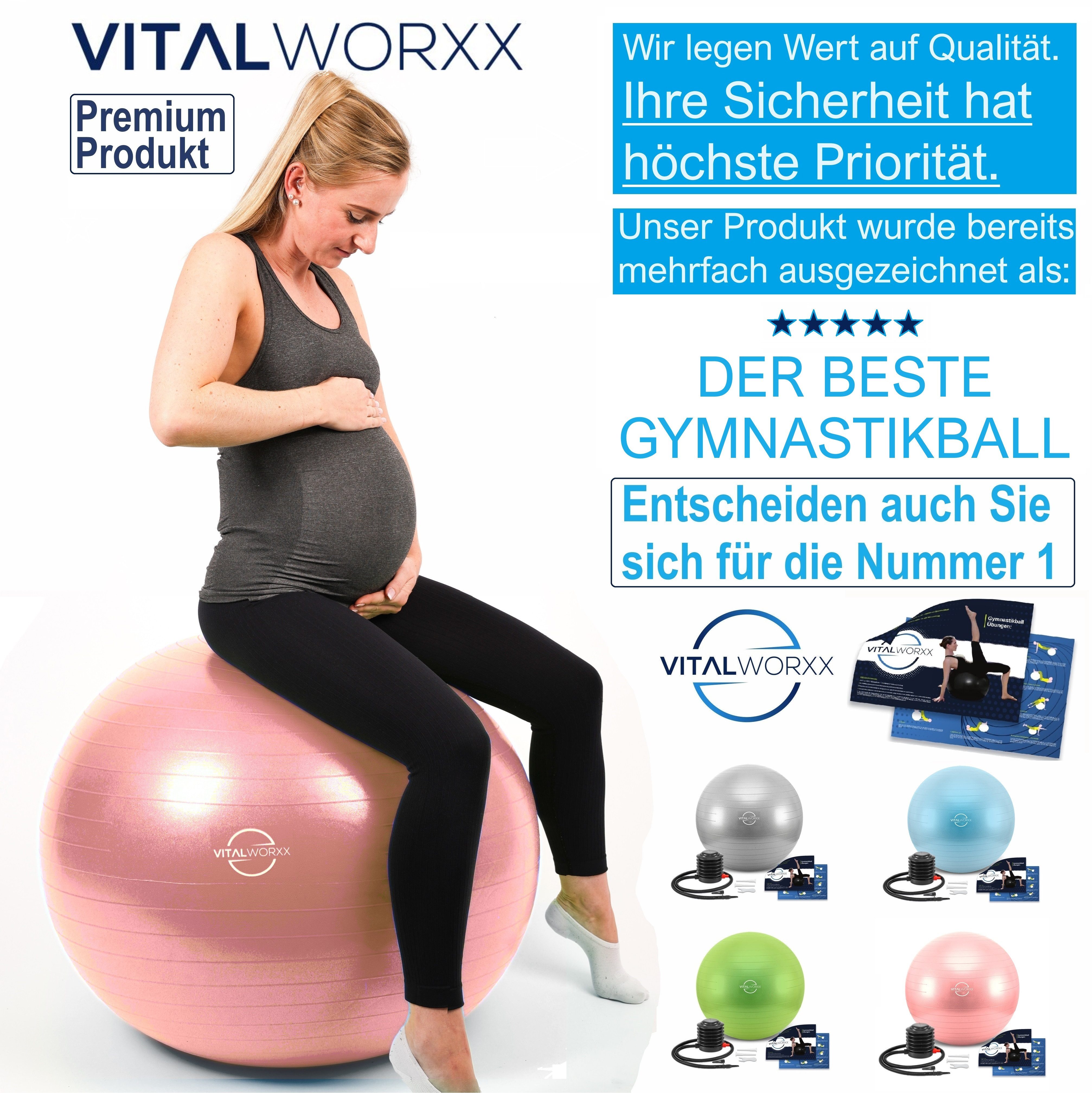 VITALWORXX Gymnastikball VITALWORXX Gymnastikball für Schwangere, extrem stabil, mit Pumpe, Hohe Materialstärke, Anti-Burst-System