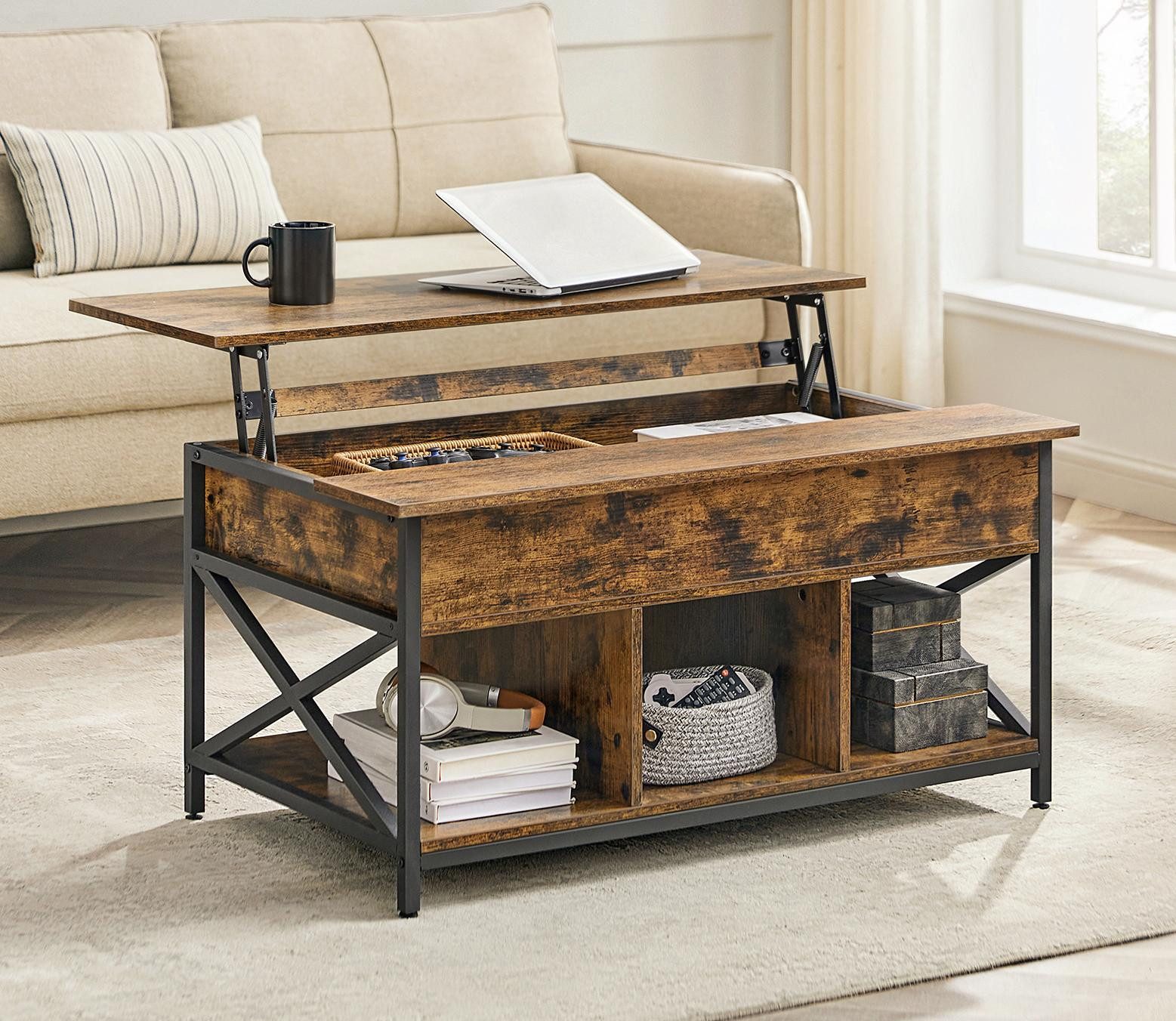 VASAGLE Couchtisch höhenverstellbar, Wohnzimmertisch, sofatisch (inkl. Zubehörpaket & Anleitung) aufklappbar), offener und versteckter Stauraum, 100 x 60 x (48-62) cm, Kaffeetisch