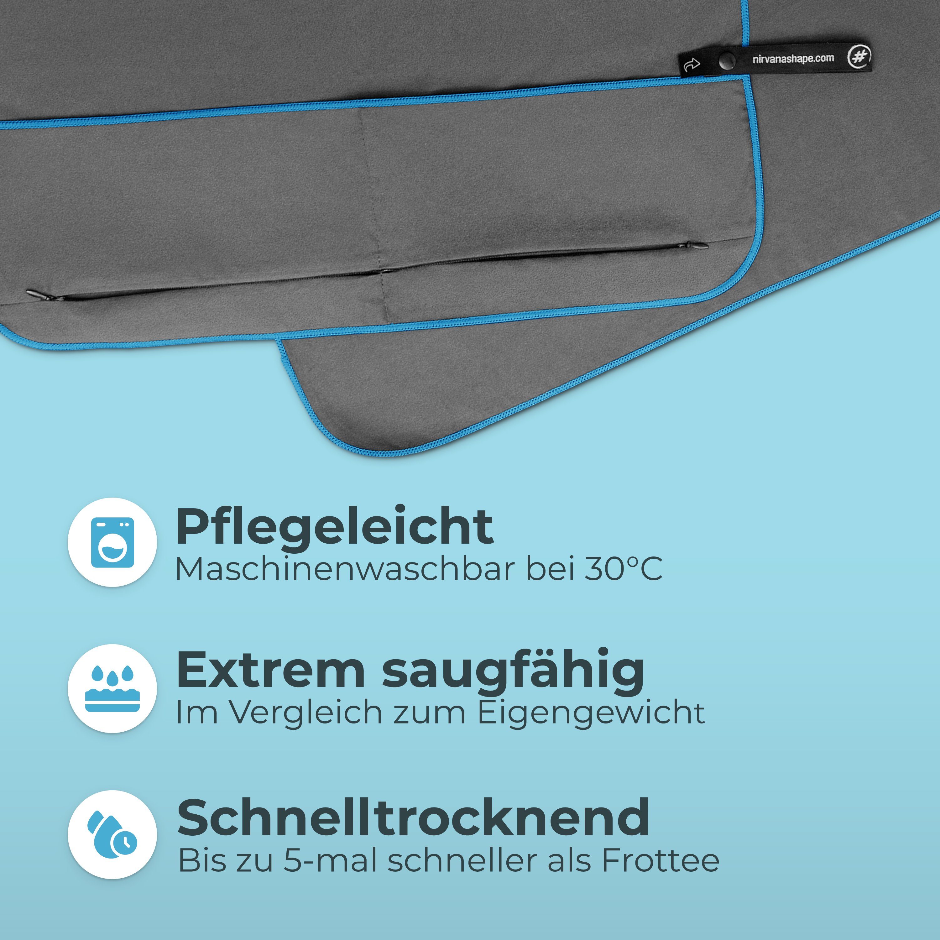 NirvanaShape Sporthandtuch Fitness-Handtuch mit Magnet-Clip, Mikrofaser Sporthandtuch, Microfaser, 2x Reißverschlusstaschen & Funktionaler Geräteüberzug, Ultra- – Bild 4 von 5