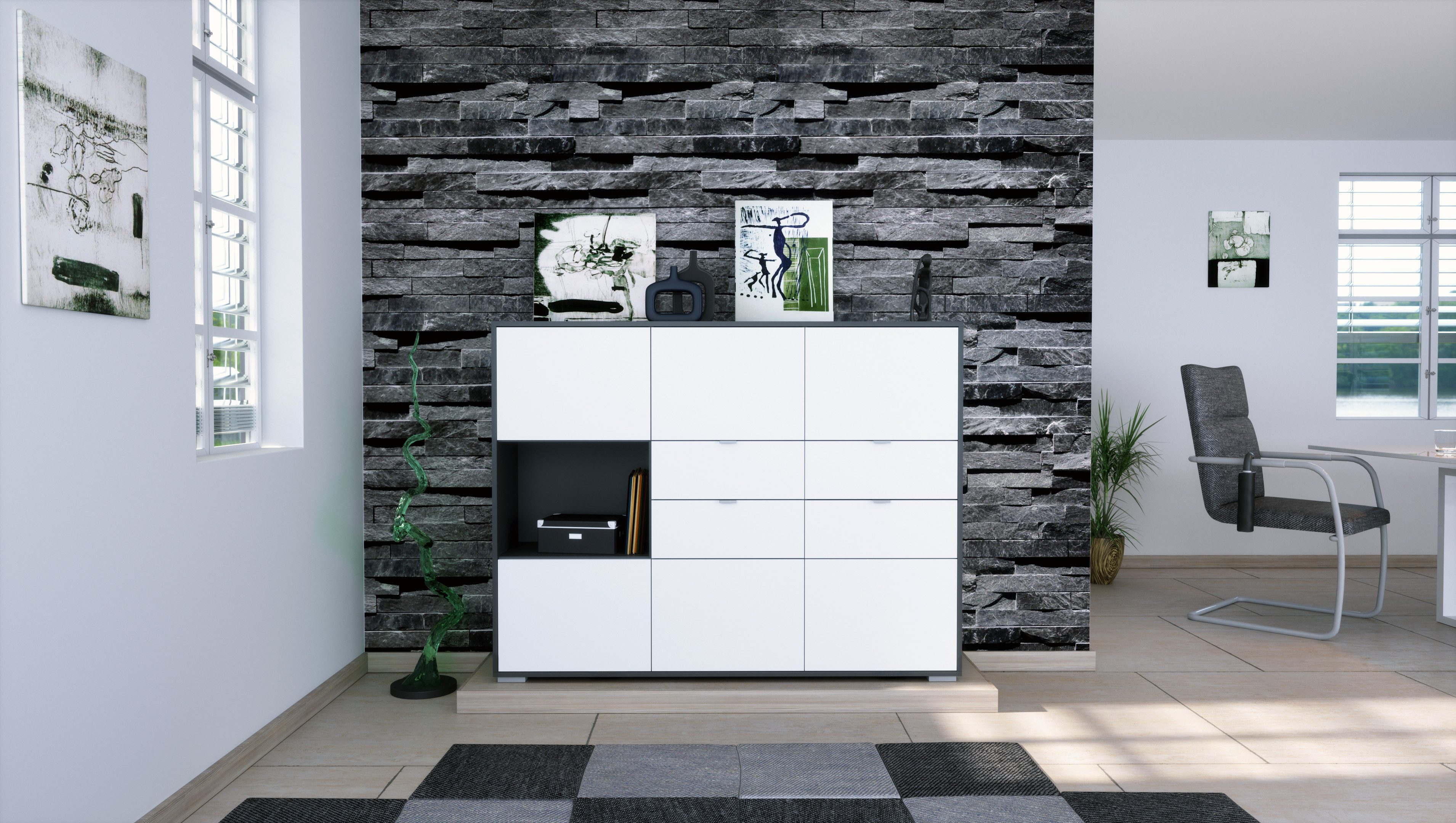 Vladon Highboard Milano (Highboard mit 6 Türen Weiß matt, 4 Schubladen Weiß matt, Made in Germany), Korpus Anthrazit matt (152,5 x 118 x 37 cm)