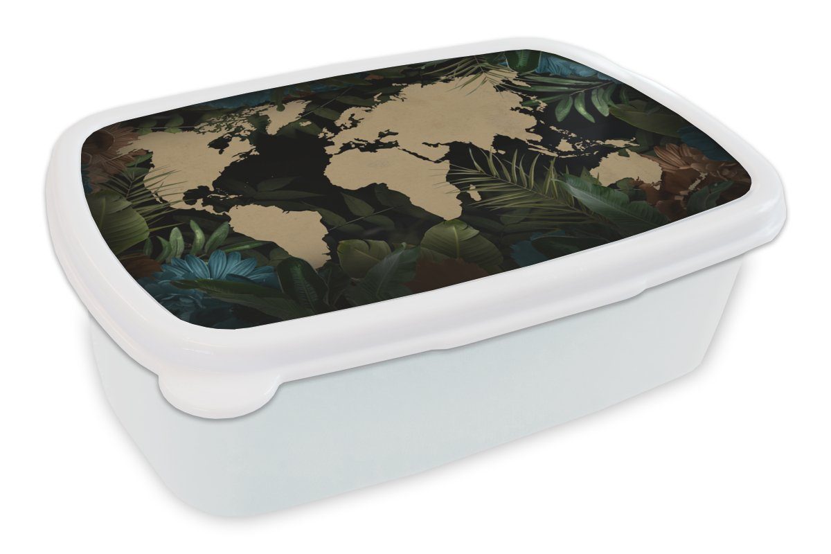 MuchoWow Lunchbox Weltkarte - Tropische Pflanzen - Blätter, Kunststoff, (2-tlg), Brotbox für Kinder und Erwachsene, Brotdose, für Jungs und Mädchen weiß