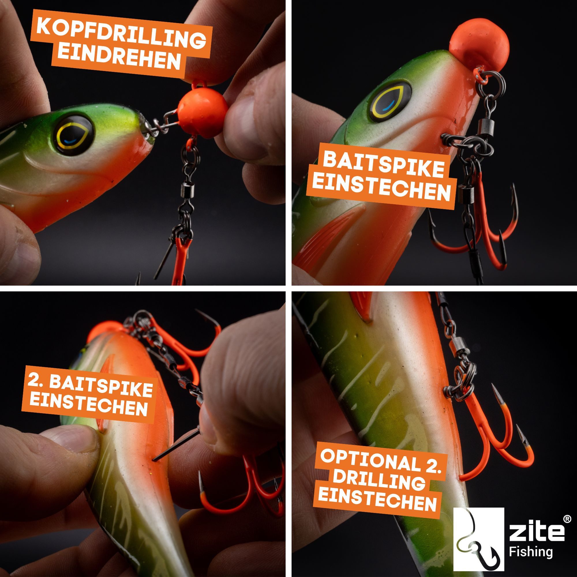 Zite Drillingshaken Gummiköder Stinger-Systeme L 13 cm Hecht-Angeln UV Aktiv Drillinge