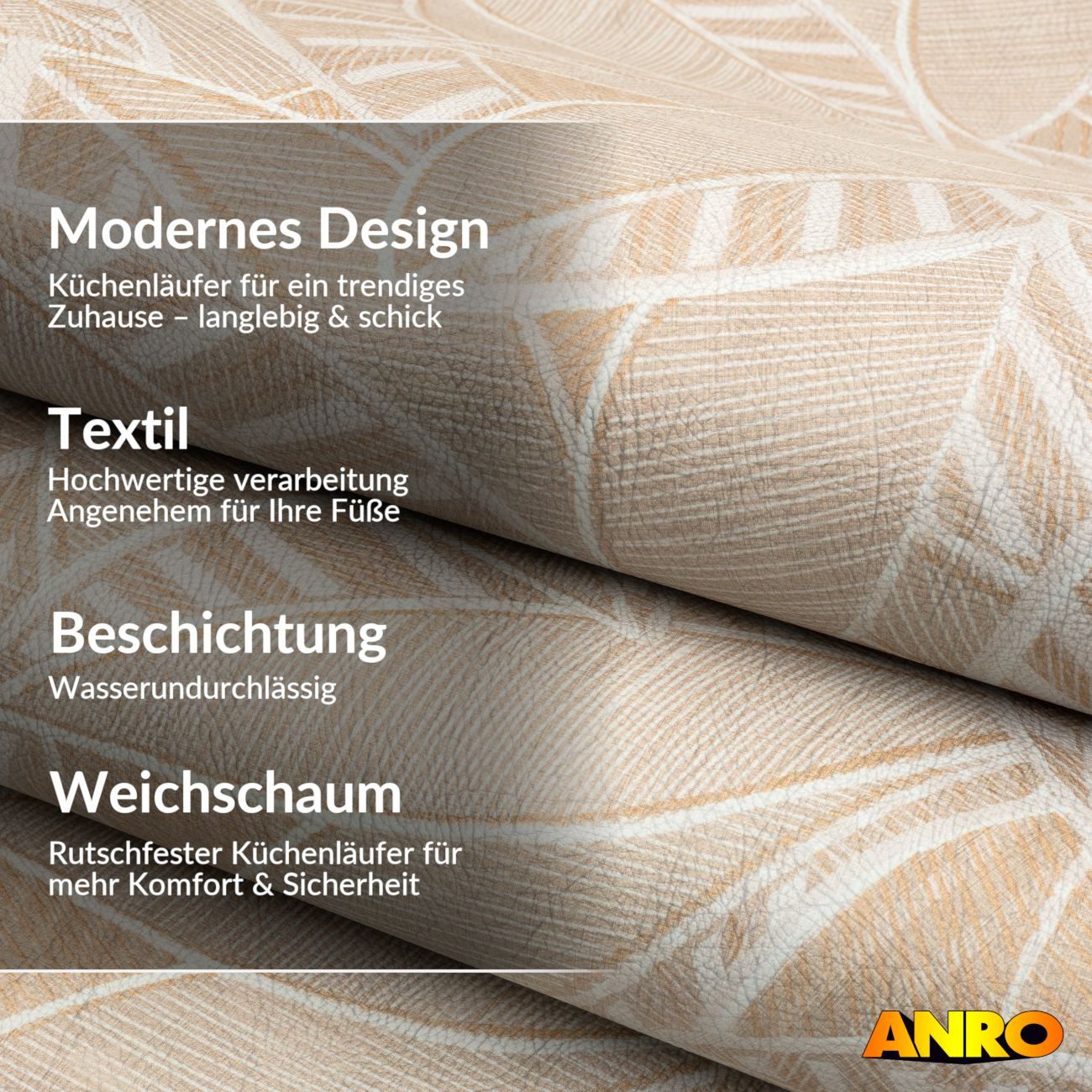 ANRO Küchenläufer abwaschbar Blätter LADY Läufer stark pflegeleicht Küchenteppich, Rechteckig, Höhe: 3 mm, robust schmutzabweisend 67x100cm Botanical Beige robust
