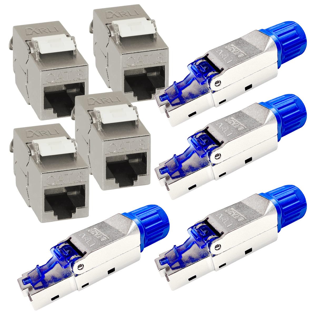ARLI 4x Cat8.1 Netzwerkstecker RJ45 Stecker + 4x Keystone Modul geschirmt Netzwerk-Adapter RJ45 zu Verlegekabel, vollgeschirmt Metall werkzeuglos werkzeugfrei LSA Snap In Montage
