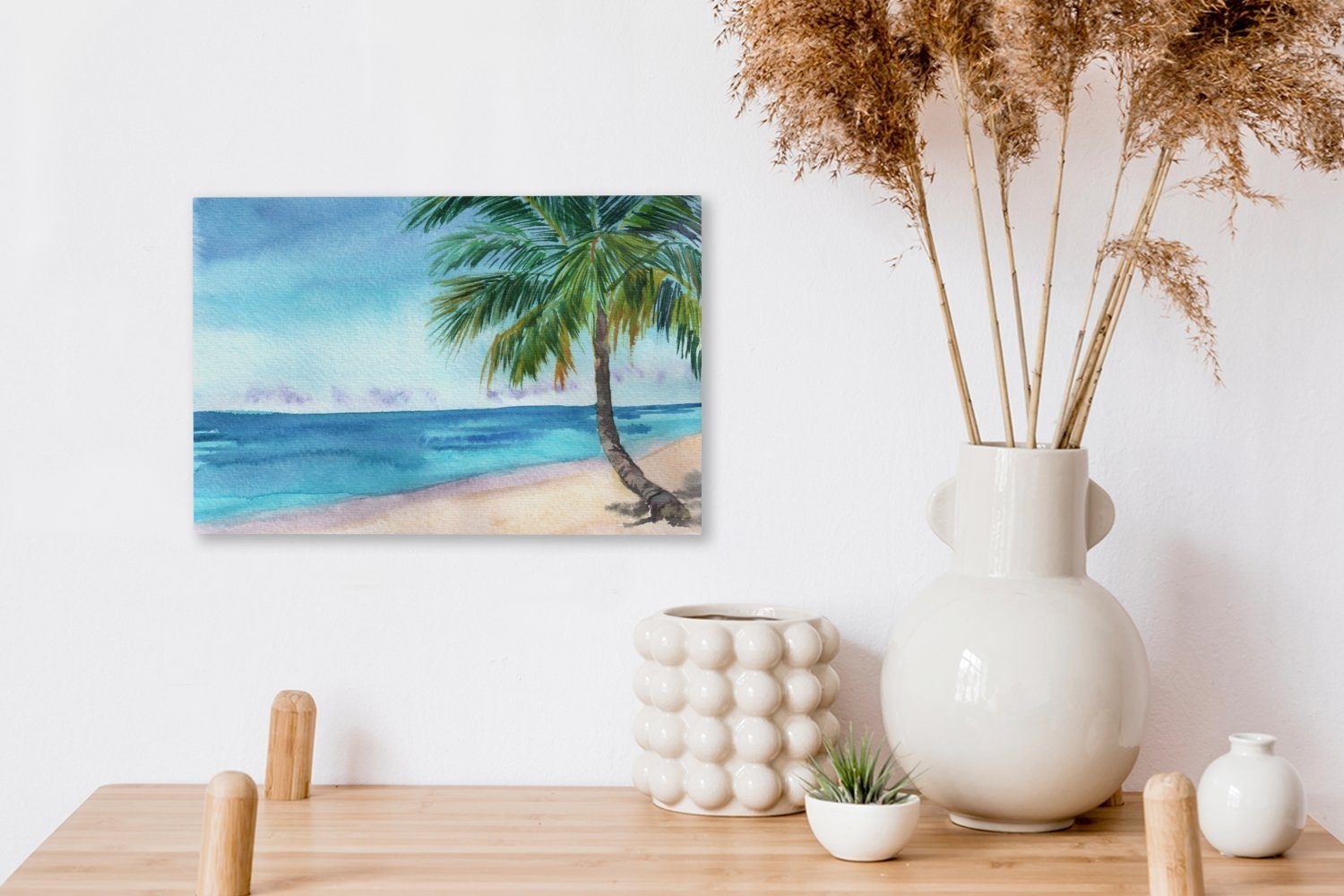 Palme - (1 30x20 Strand Meer, Wanddeko, cm Wandbild Aufhängefertig, - OneMillionCanvasses® Leinwandbilder, St), Leinwandbild