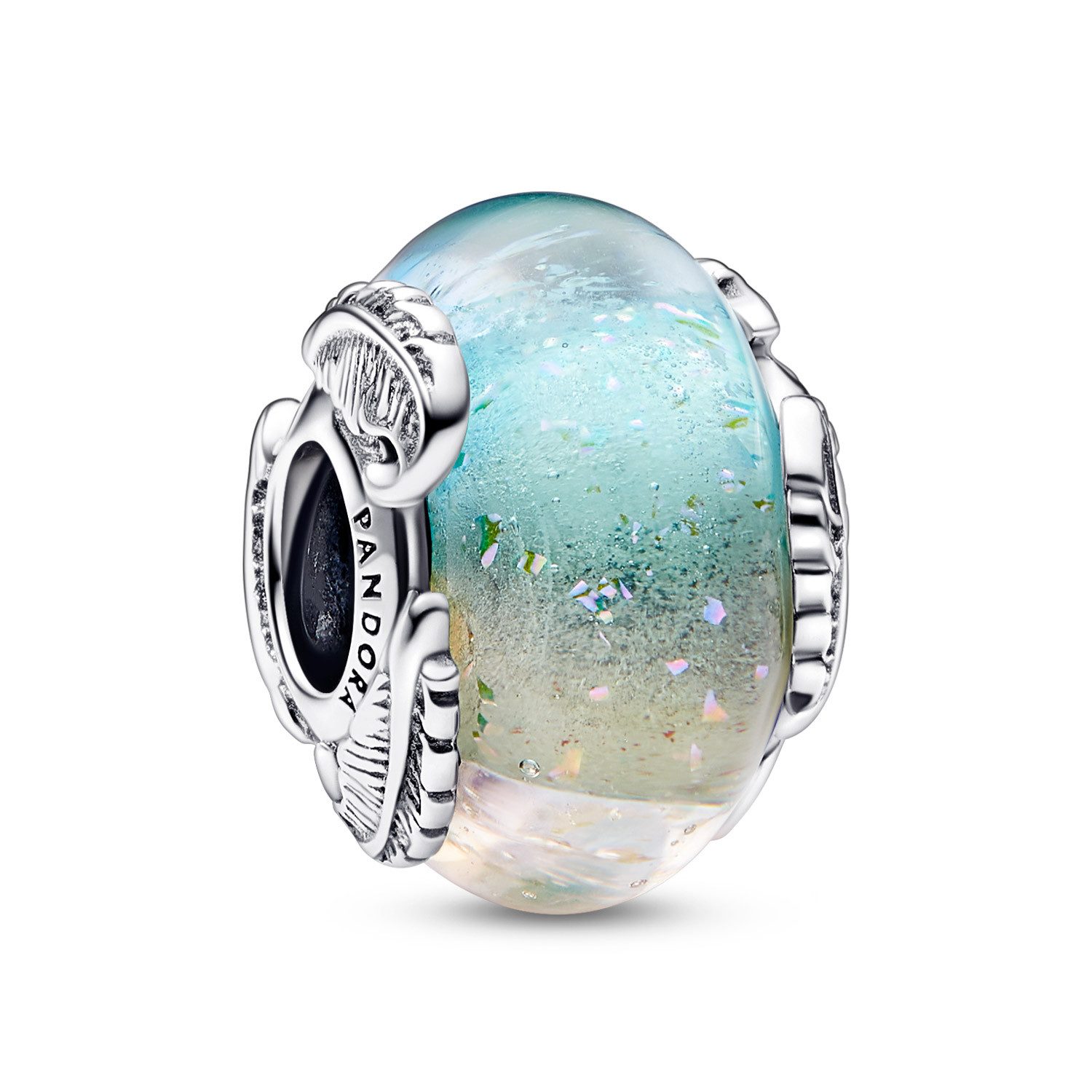 Pandora Runder Anhänger Silber Charm Regenbogenfarben Muranoglas mit Federn