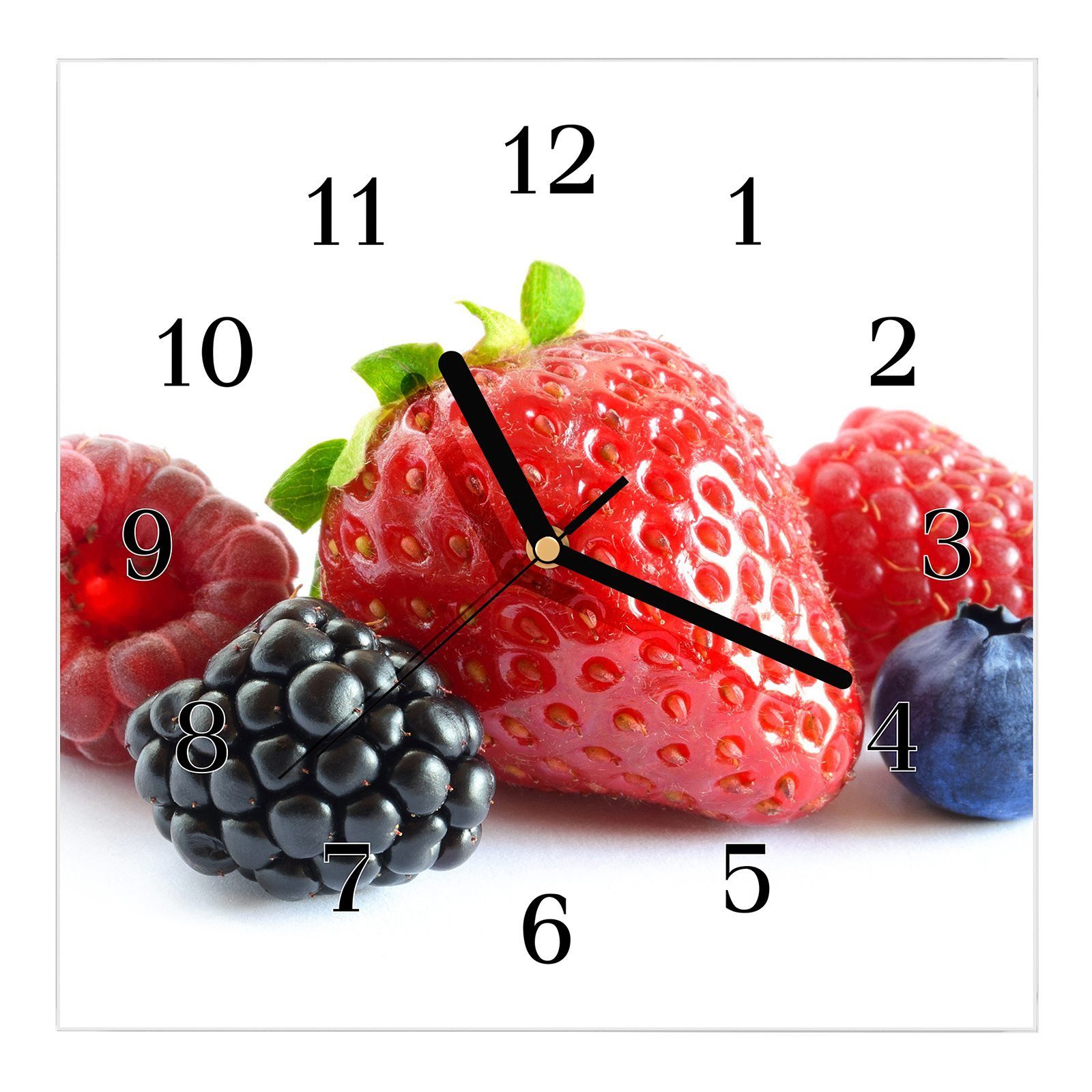 Primedeco Wanduhr Glasuhr Wanduhr Wandkunst Größe 30 x 30 cm mit Motiv Mix aus Beeren