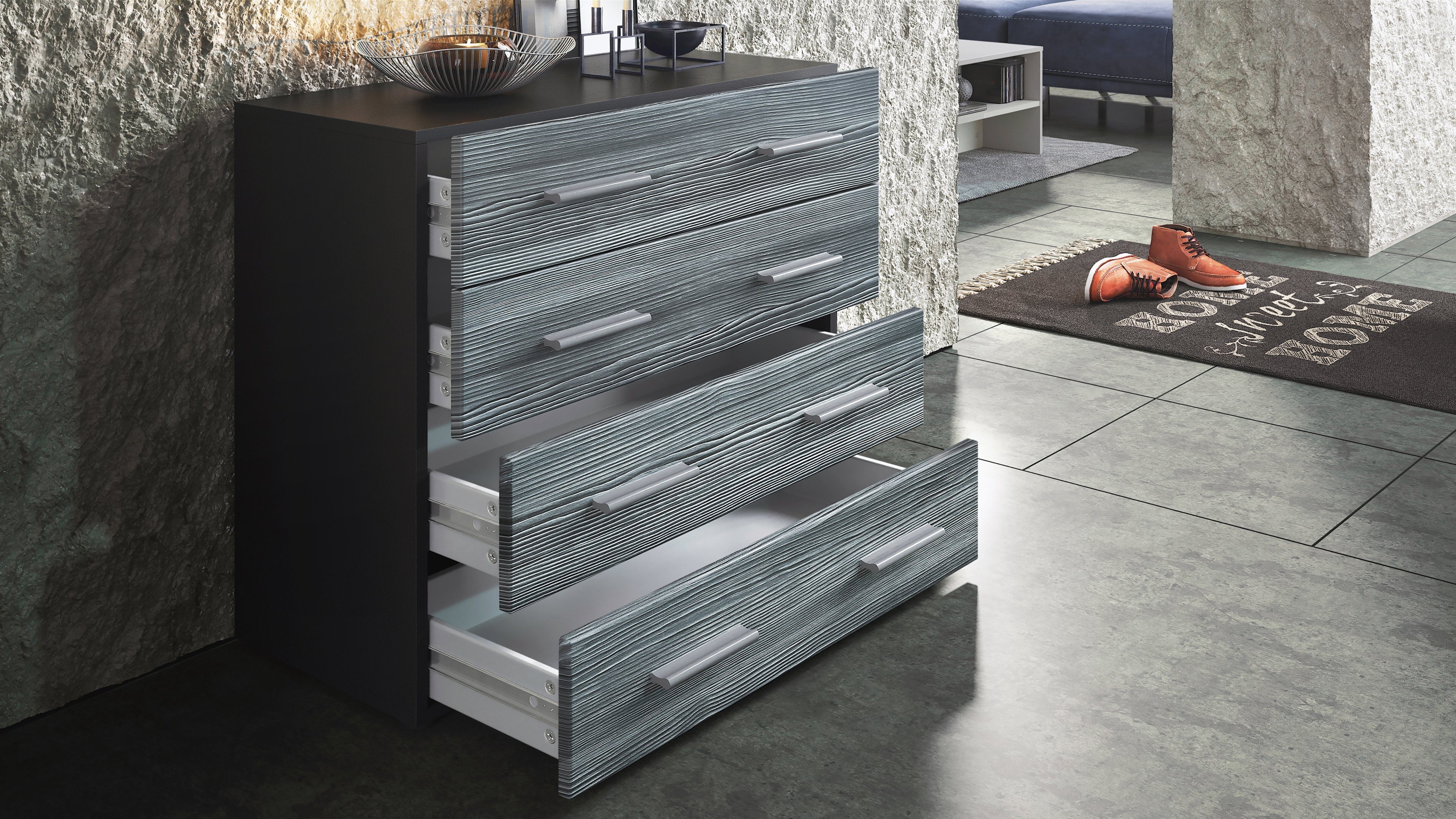 Vladon Kommode Pavos V1 (Kommode, ​mit 4 Schubladen), Schwarz matt/Eiche sägerau (76 x 72 x 35 cm)