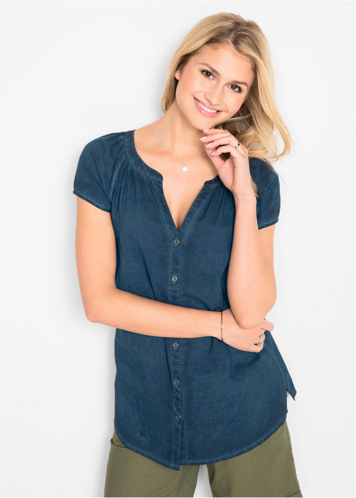 bonprix Kurzarmbluse gerade Passform, A-förmiger Schnitt, aus reiner Baumwolle