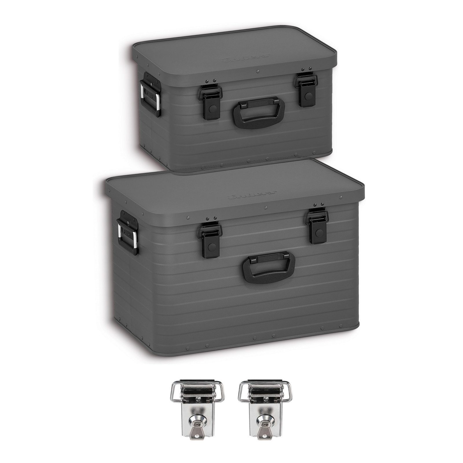 Enders® Aufbewahrungsbox Alubox 2er Set 29+63 Liter Grau mit Schloss, Alukiste Transportbox Lagerbox Alukoffer Metallkiste Alubox