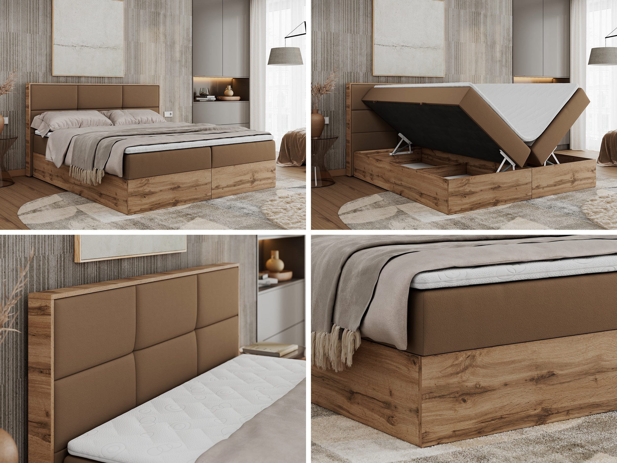 MKS MÖBEL Boxspringbett ALBERO 2 (Packung, Set, Polsterbett, T30-Schaum, Topper T25/Visco, Zwei Bettkästen), Doppelbett, mit Möbelplatten, Multipocket-Matratze, mit Kopfstütze