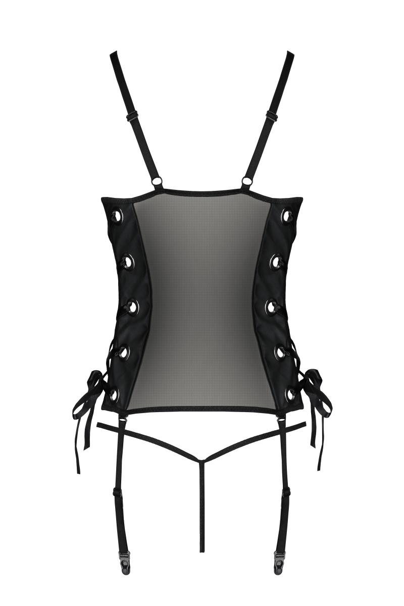 Passion Dessous Strapsgürtel Schwarzes Kunstleder Corset Strapshemd transparent inkl String aus Net