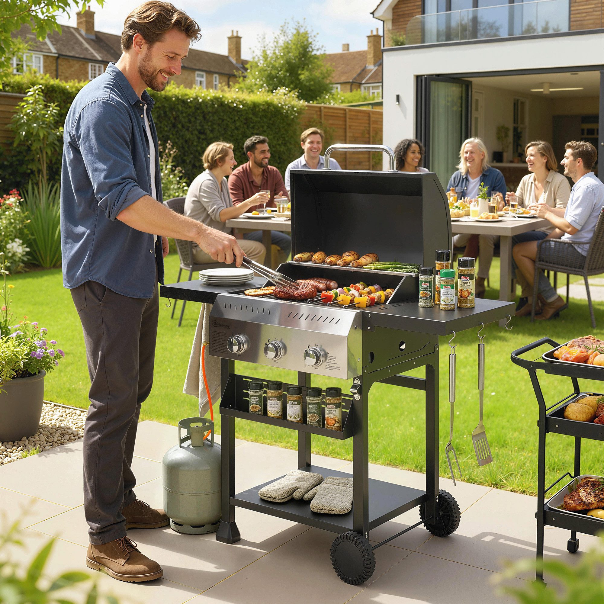 Outsunny Gasgrill inkl 9 KW 3 Edelstahl Brenner klappbar Seitentisch Gewürzhalter, Gas-Grill, BBQ Grillwagen, für Balkon Party