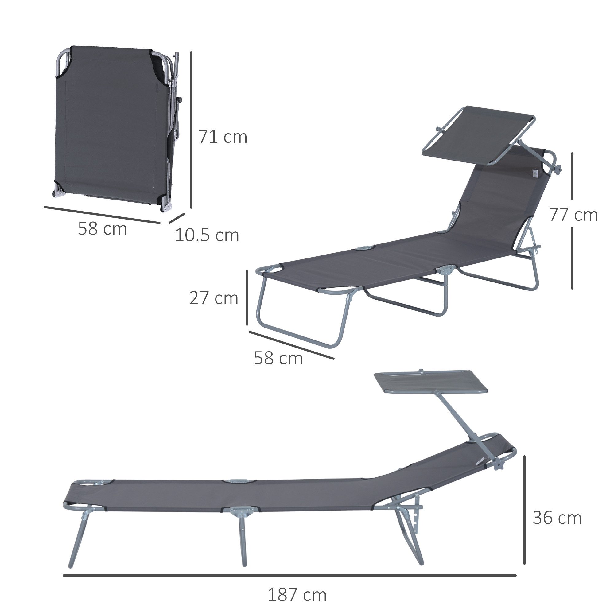 REDOM Gartenliege Gartenliege 187x58x36 cm klappbar mit Sonnendach grau, Packung, 1 St., Leichte & wetterfeste Relaxliege für entspannte Stunden im Freien, Gartenliege & Liegestuhl für Strand, Terrasse & Pool