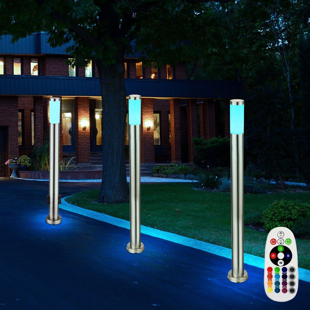 etc-shop LED Farbwechsel, Edelstahl Steh LED Warmweiß, Außen-Stehlampe, RGB FERNBEDIENUNG Leuchtmittel Außen Steckdosen Garten 3x Lampen inklusive