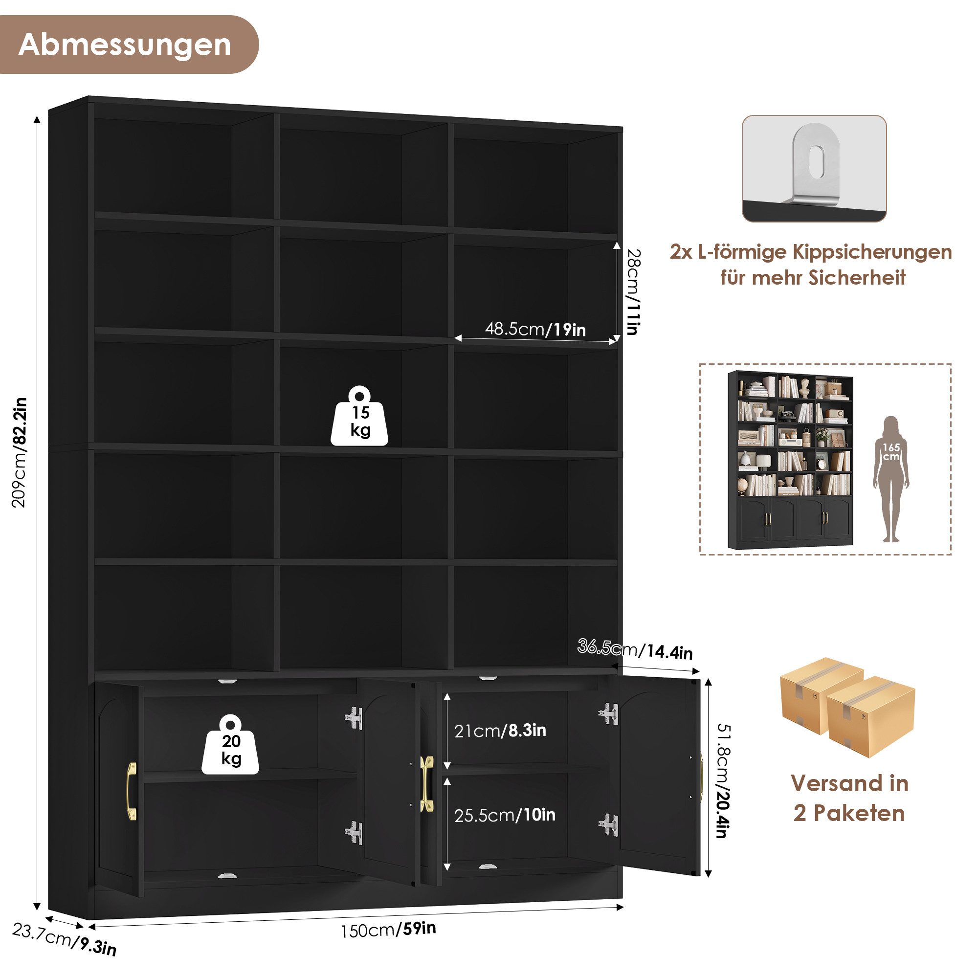 Homfa Bücherregal 209cm Bücherschrank Hochschrank Raumteiler Standregal, mit 15 offenen Fächern und 4 Türen, Holz, 150x23,7x209 cm, Schwarz