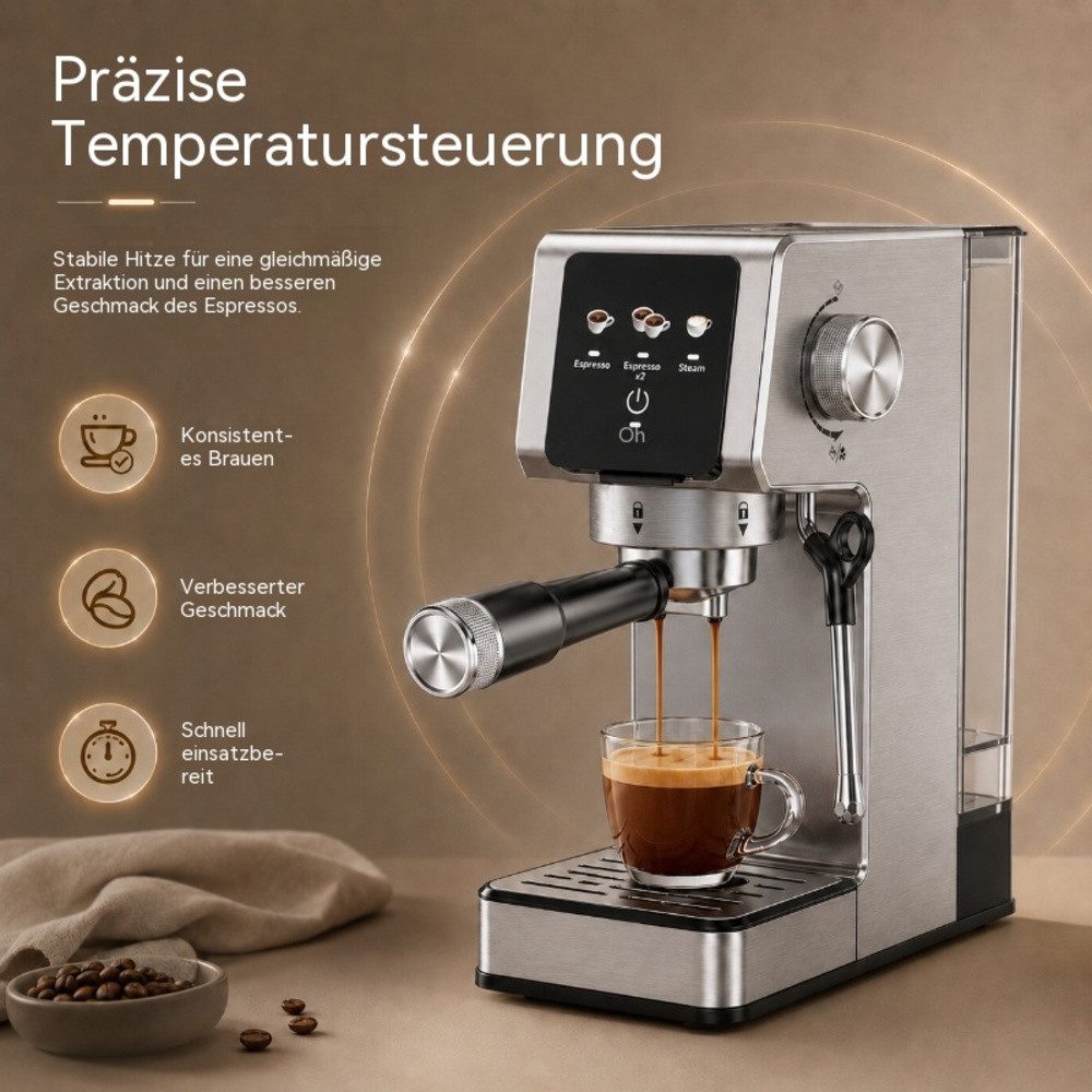 TWUFY Espressomaschine 20 bar 1300 W Siebträgermaschine mit Milchaufschäumer, Touchscreen, Filtersieb, Kapseladapter, 1,2L Wassertank