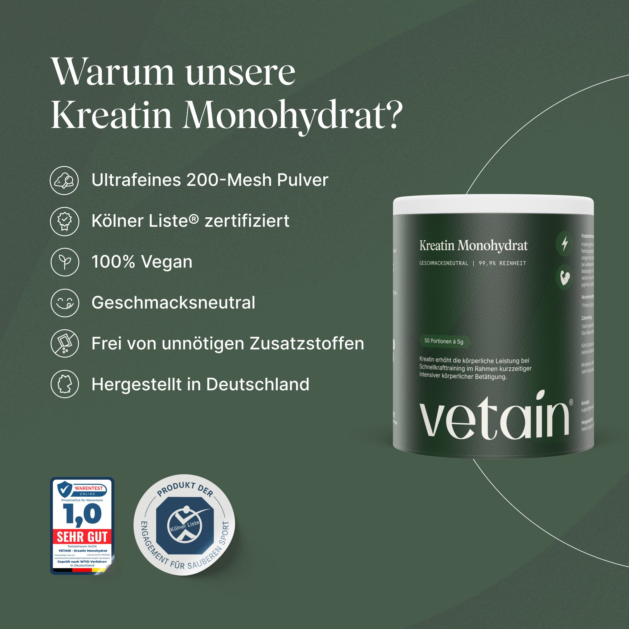 VETAIN Creatin Monohydrat - Ultrafein - hochdosiertes Pulver, - Kreatin Pulver à 500 g, Perfekt löslich
