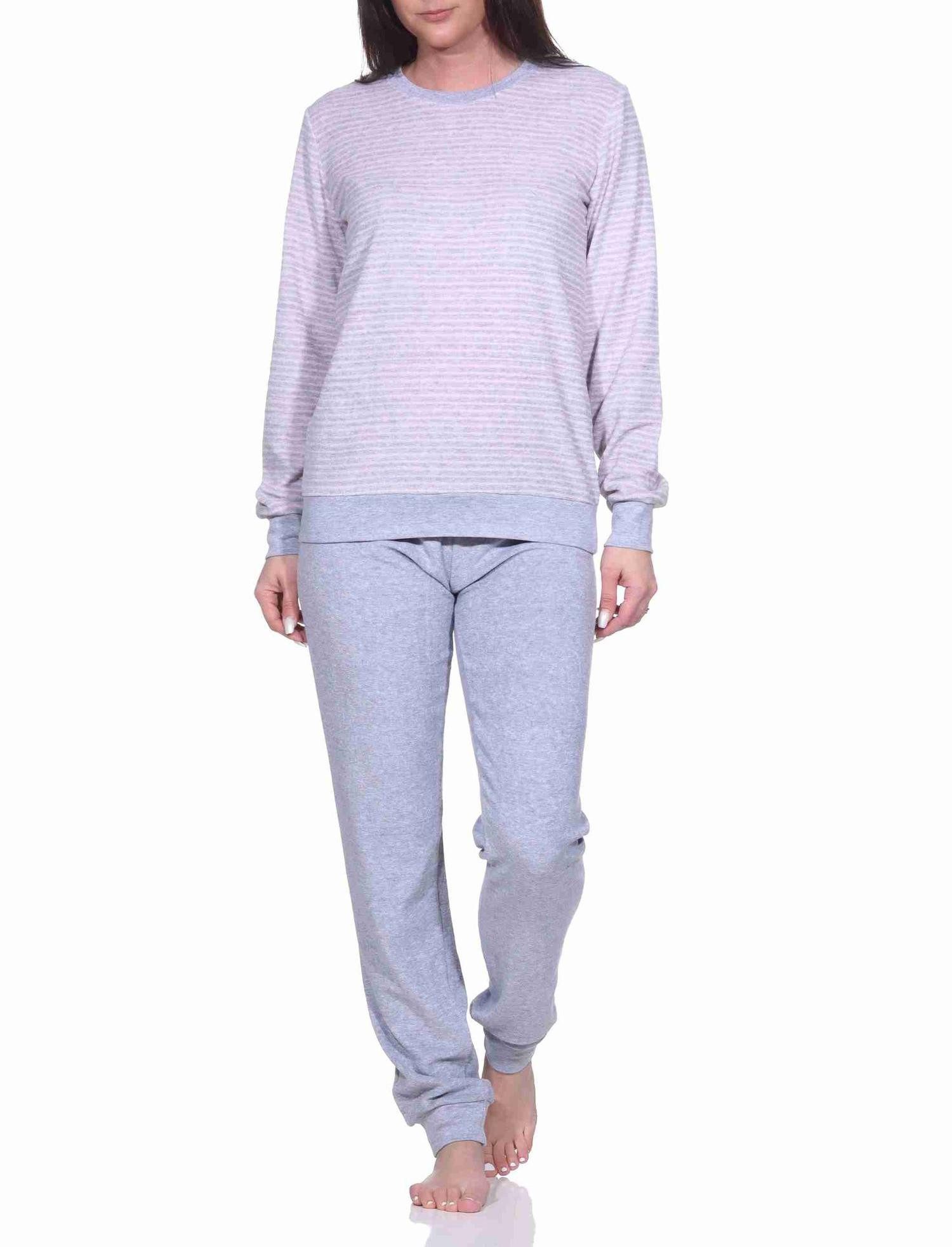 Normann Pyjama Damen Frottee Pyjama langarm mit Bündchen in Streifenoptik