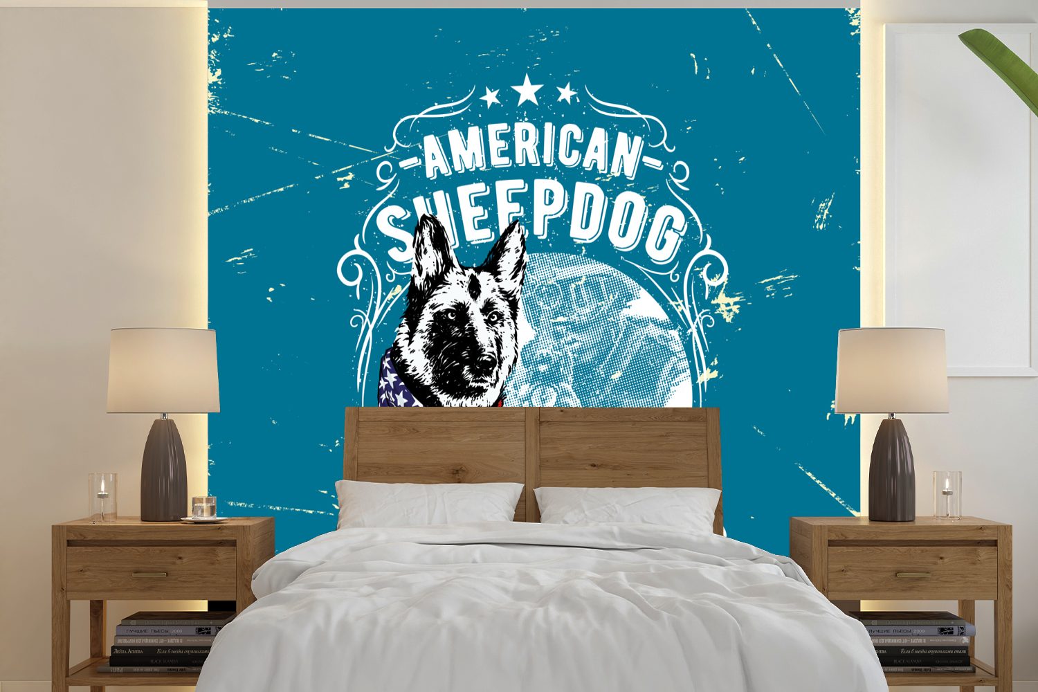 MuchoWow Fototapete Jahrgang - Hund - Amerika, Matt, bedruckt, (5 St), Vinyl Tapete für Wohnzimmer oder Schlafzimmer, Wandtapete