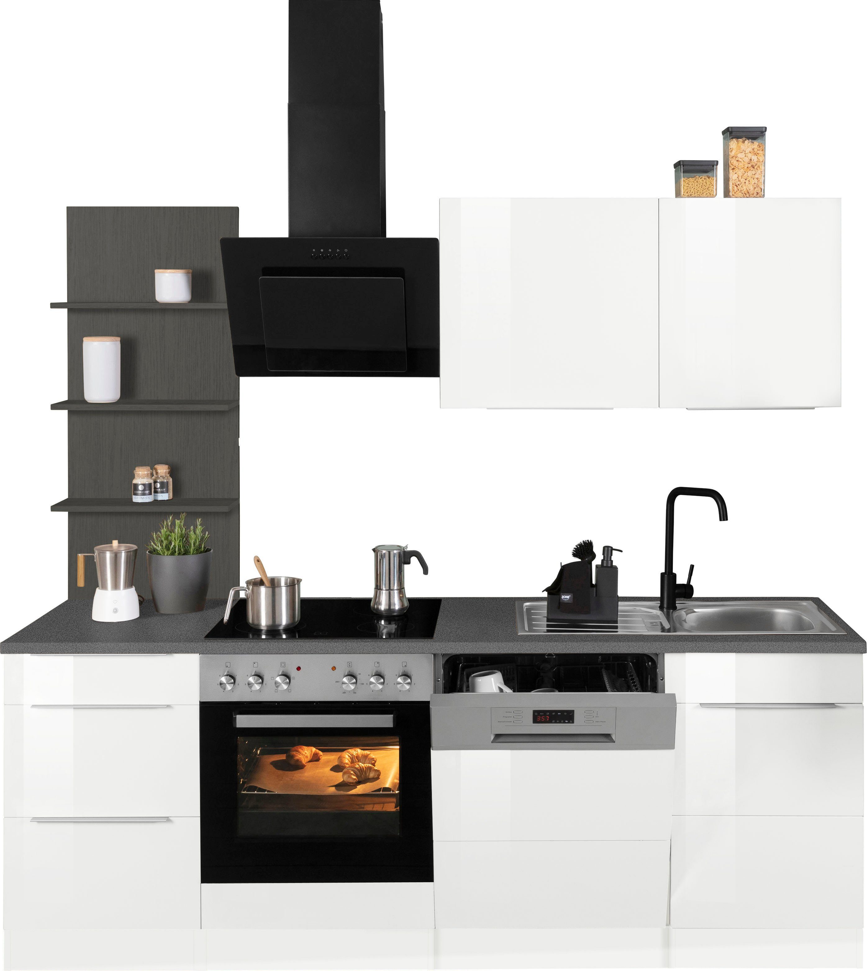 HELD MÖBEL Küchenzeile Brindisi, mit E-Geräten, Breite 220 cm,  hochglänzende MDF-Fronten