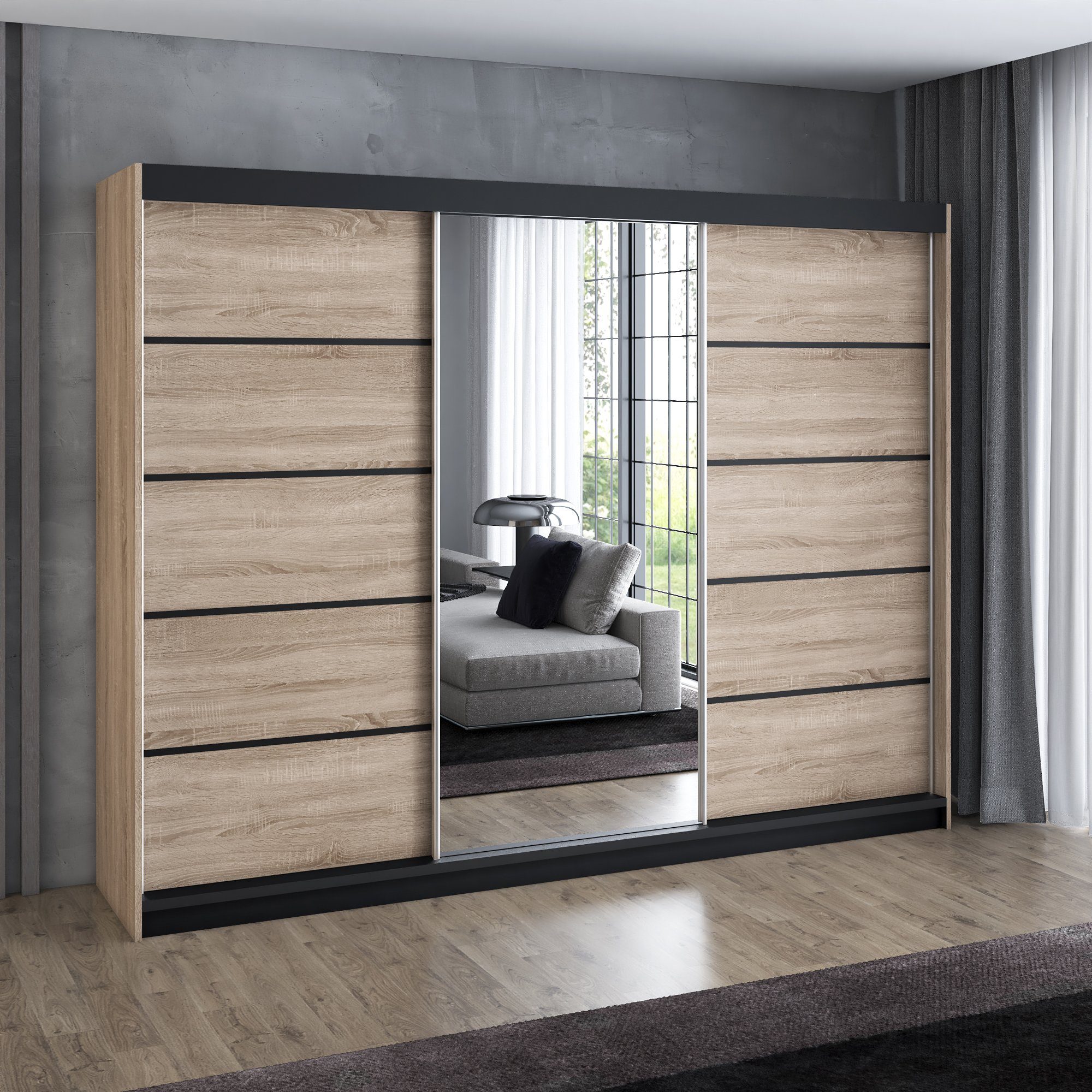 A&J MöbelLand GmbH Schiebetürenschrank VILUNO 1 mit 4 Schubladen und Spiegel (TOP ANGEBOT! Geräumiger Schrank mit einer Breite von 200 cm und Spiegel, ideal zur Aufbewahrung von Kleidung und Accessoires. 4 Schubladen und viel Stauraum. TOP PRODUKT! Wählen Sie das ideale Modell für Ihr Schlafzimmer!, Inclusive 4 Schubladen) Breite: 200 cm, Höhe: 215 cm, Tiefe: 59,5 cm