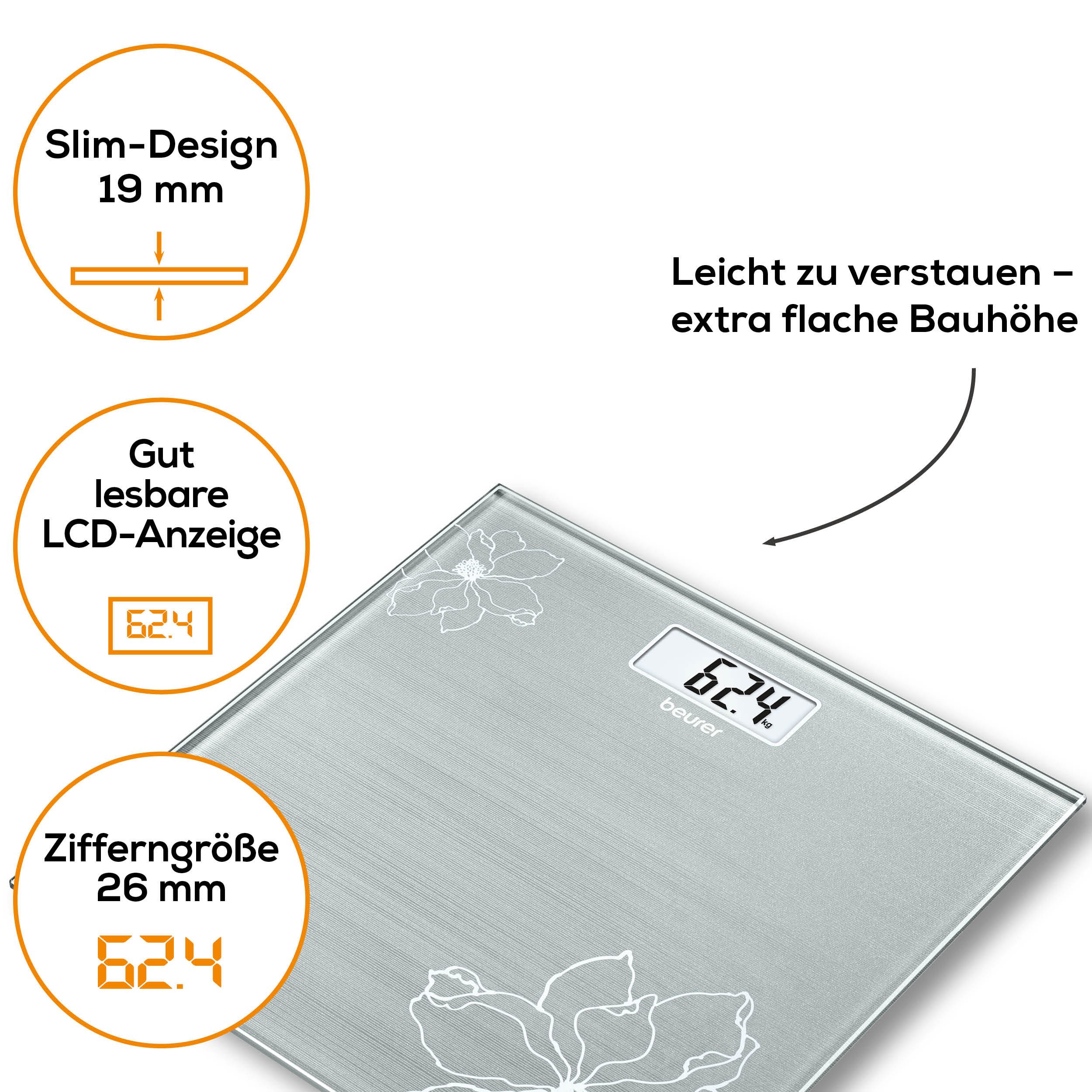 BEURER Personenwaage GS 10 besonders flach mit nur 1,9 cm, Tragkraft bis 180 kg, Wiegefläche aus Sicherheitsglas, mit Einschaltautomatik