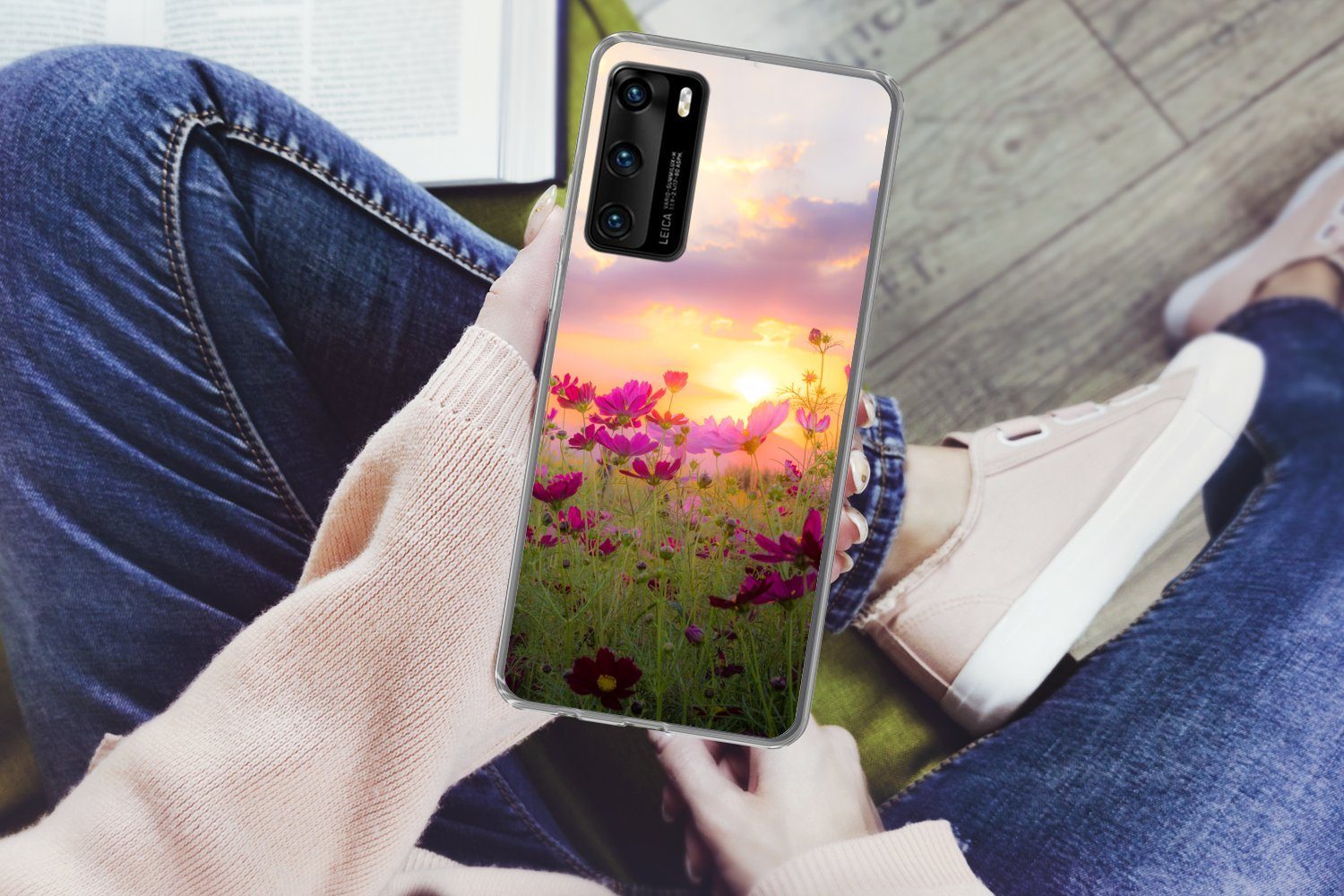 MuchoWow Handyhülle für Huawei P40 Blumen - Rosa - Sonnenuntergang - Natur - Wiese - Horiz, Handy Case, Silikon, Bumper Case Dünn